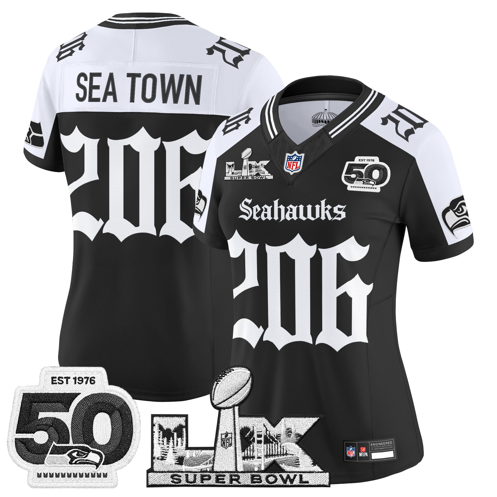 Women's Seattle Seahawks "Super Bowl LX & 50th Patch" Vapor Limited Jersey - Gothic Edition - All Stitched - Image 20
