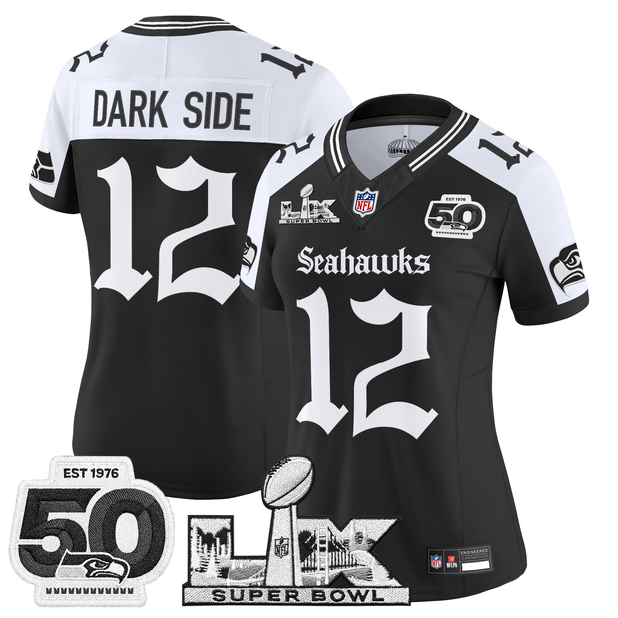 Women's Seattle Seahawks "Super Bowl LX & 50th Patch" Vapor Limited Jersey - Gothic Edition - All Stitched - Image 27