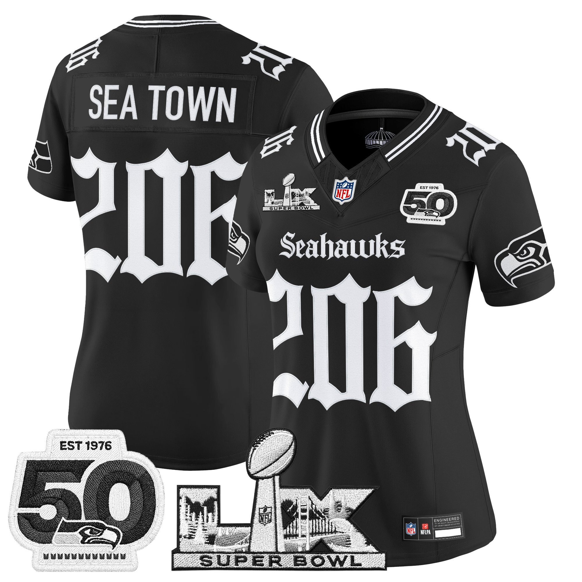 Women's Seattle Seahawks "Super Bowl LX & 50th Patch" Vapor Limited Jersey - Gothic Edition - All Stitched - Image 2