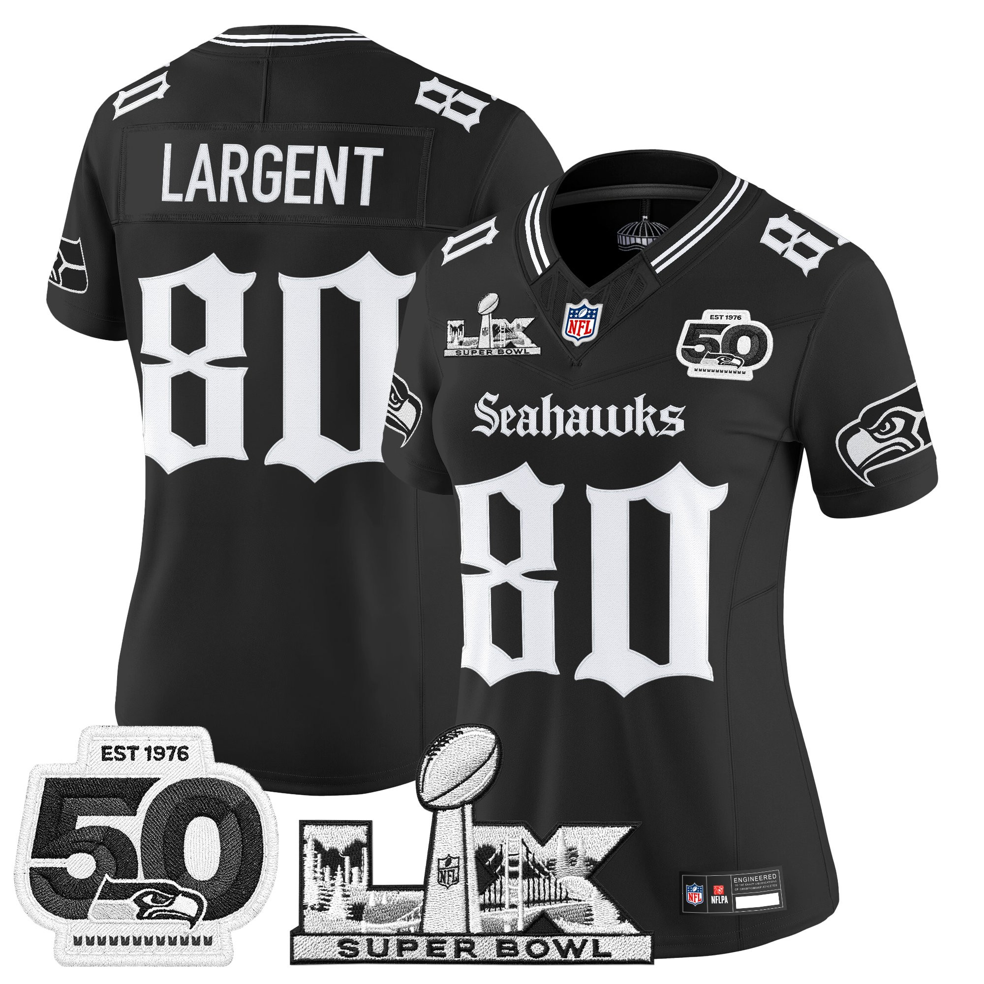 Women's Seattle Seahawks "Super Bowl LX & 50th Patch" Vapor Limited Jersey - Gothic Edition - All Stitched - Image 7