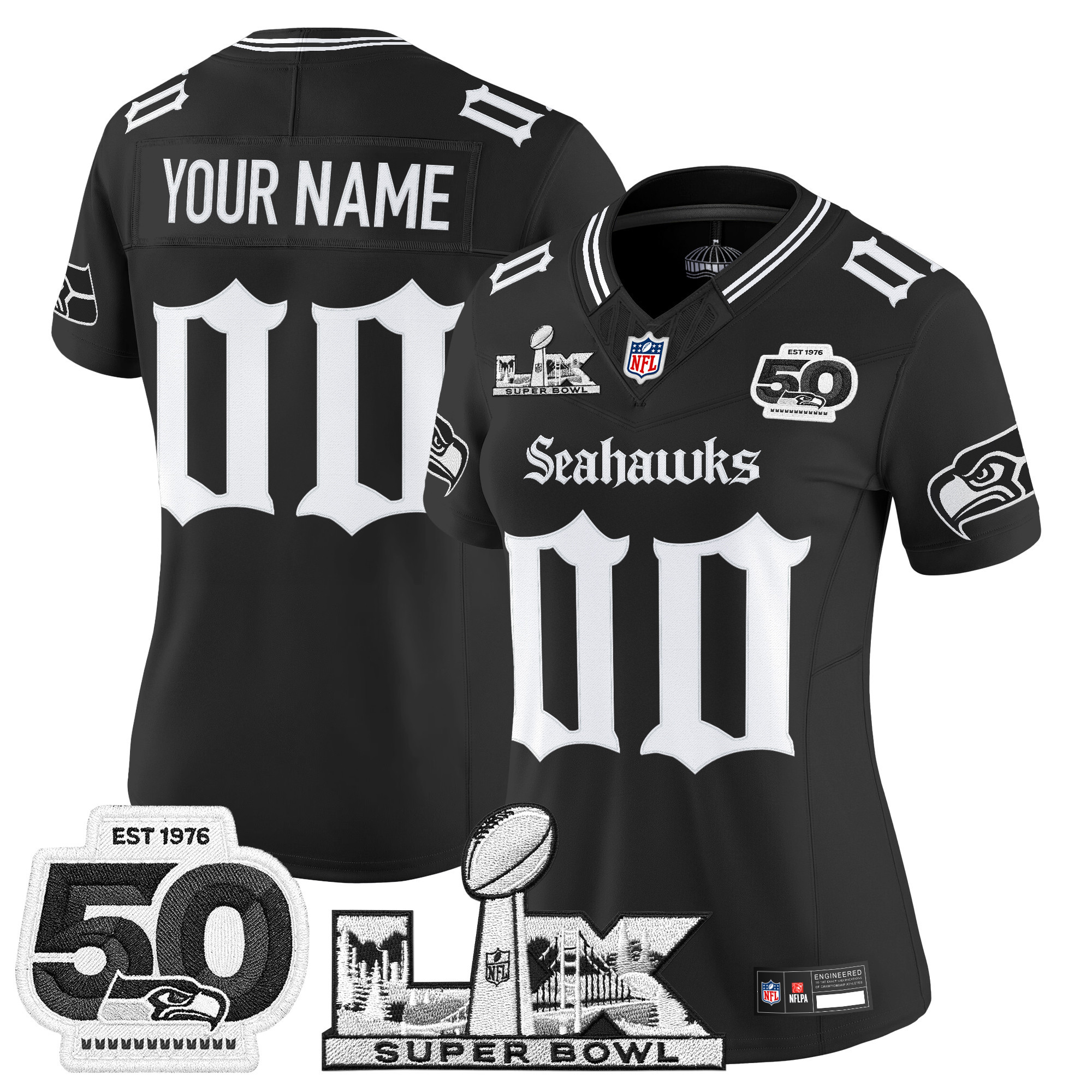 Seattle Seahawks "Super Bowl LX & 50th Patch" Vapor Limited Custom Jersey - Gothic Edition - All Stitched - Image 4