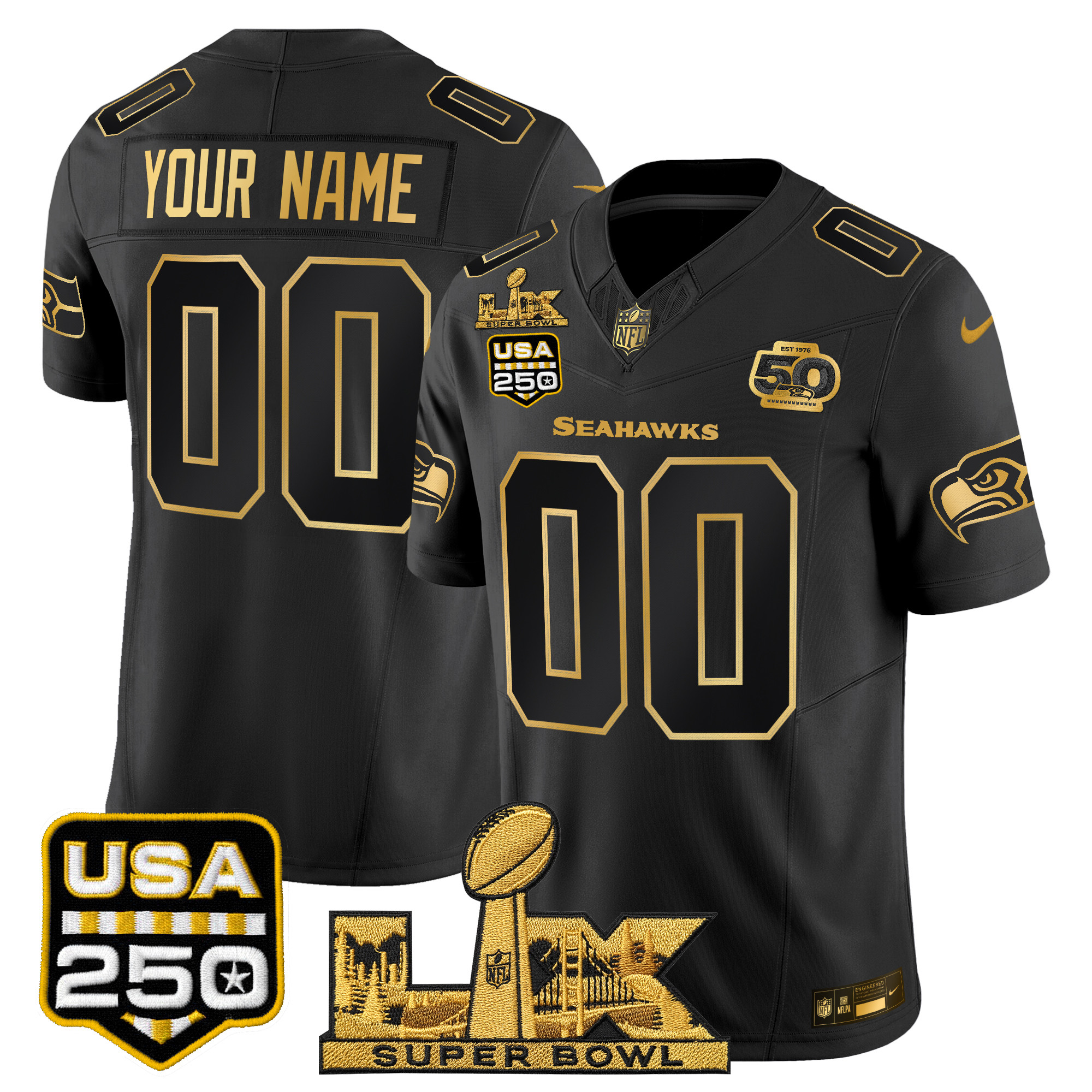 Seattle Seahawks "Super Bowl LX & United States 250th Anniversary Patch" Gold Vapor Limited Custom Jersey - All Stitched