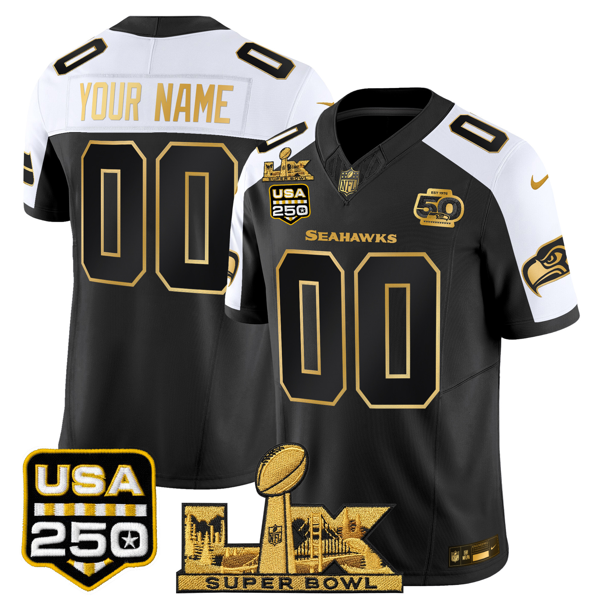 Seattle Seahawks "Super Bowl LX & United States 250th Anniversary Patch" Gold Vapor Limited Custom Jersey - All Stitched - Image 4