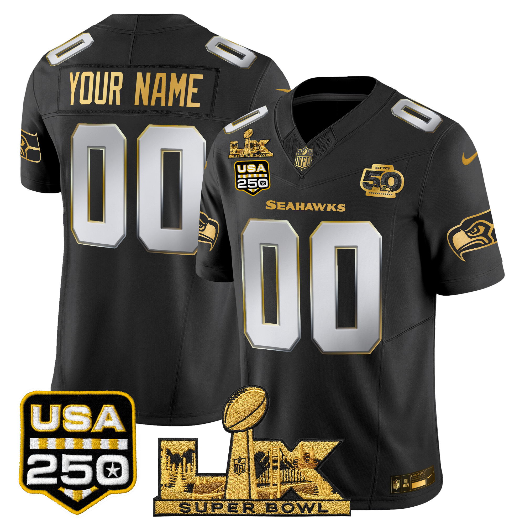 Seattle Seahawks "Super Bowl LX & United States 250th Anniversary Patch" Gold Vapor Limited Custom Jersey - All Stitched - Image 3