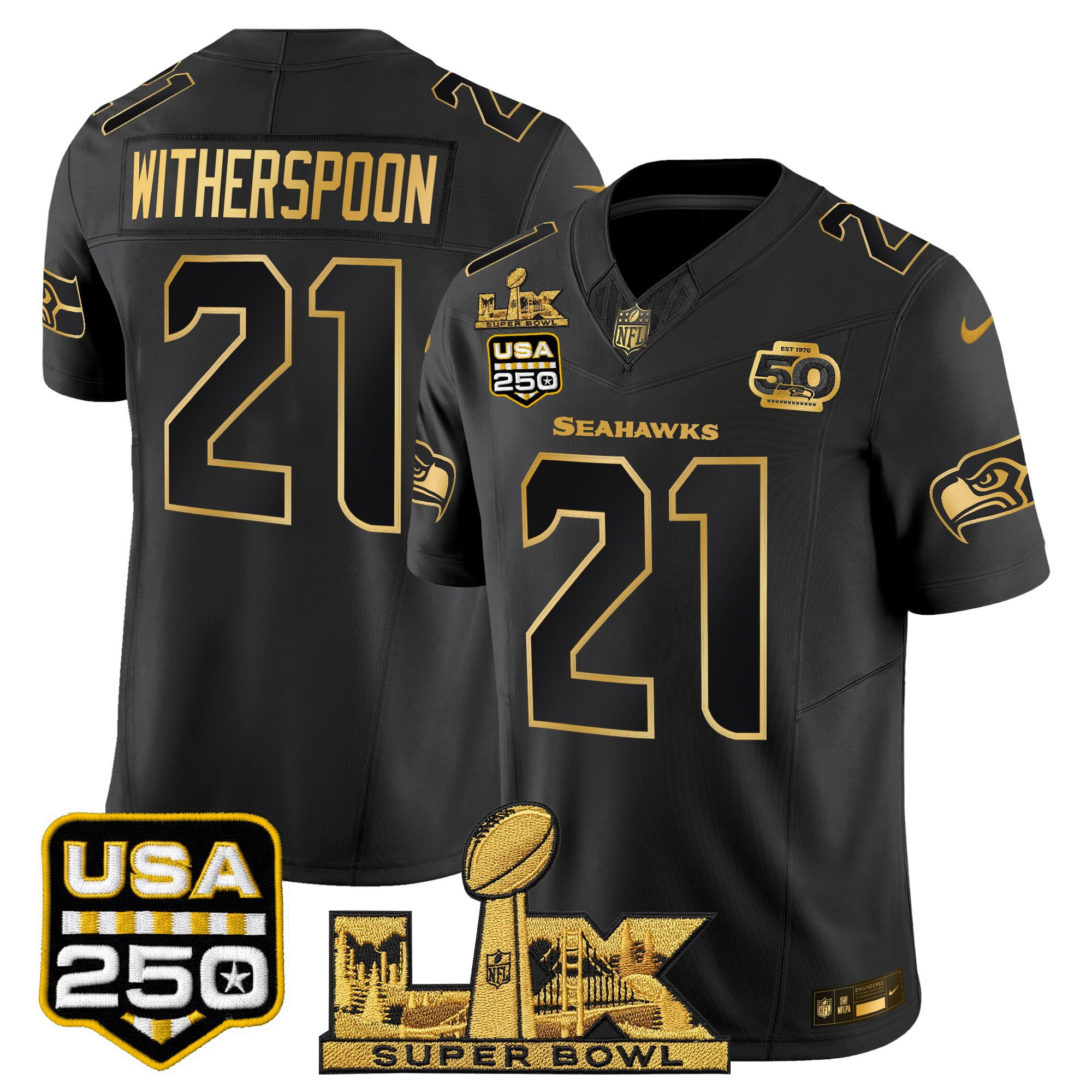 Men's Seattle Seahawks "Super Bowl LX & United States 250th Anniversary Patch" Gold Vapor Limited Jersey - All Stitched - Image 7