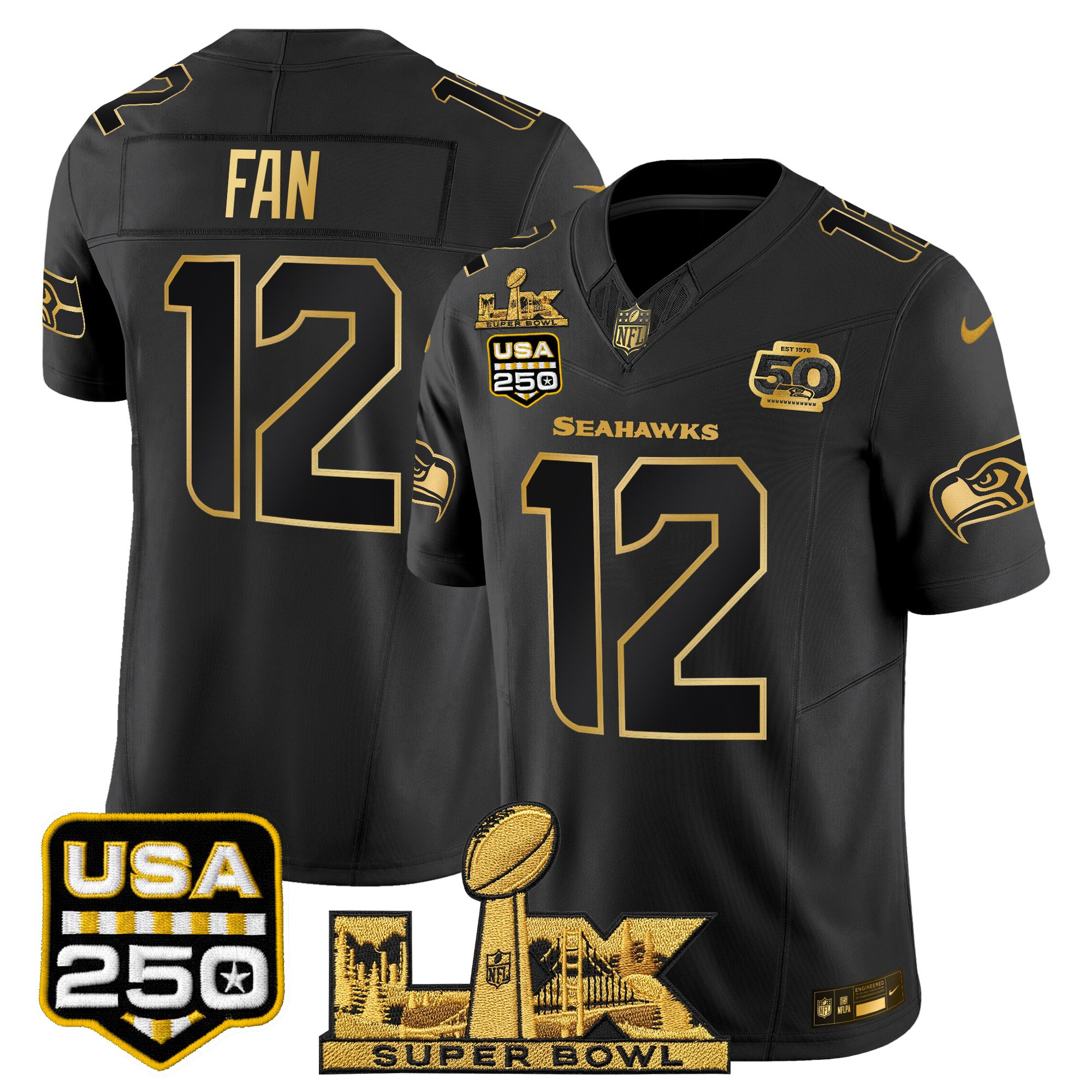 Men's Seattle Seahawks "Super Bowl LX & United States 250th Anniversary Patch" Gold Vapor Limited Jersey - All Stitched - Image 10
