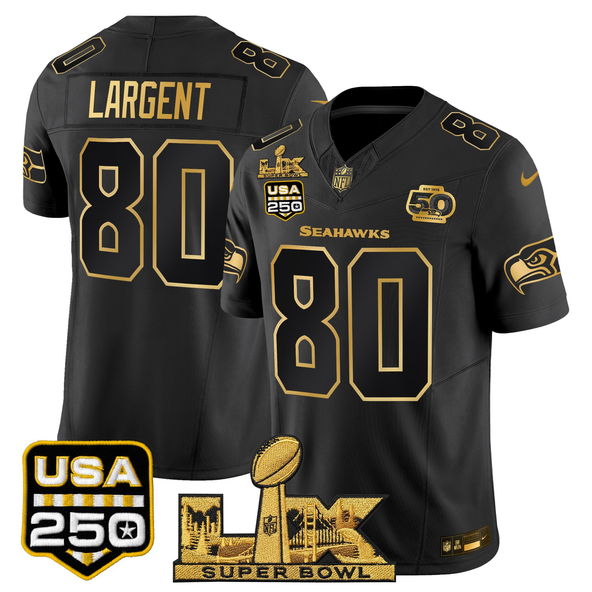 Men's Seattle Seahawks "Super Bowl LX & United States 250th Anniversary Patch" Gold Vapor Limited Jersey - All Stitched - Image 9
