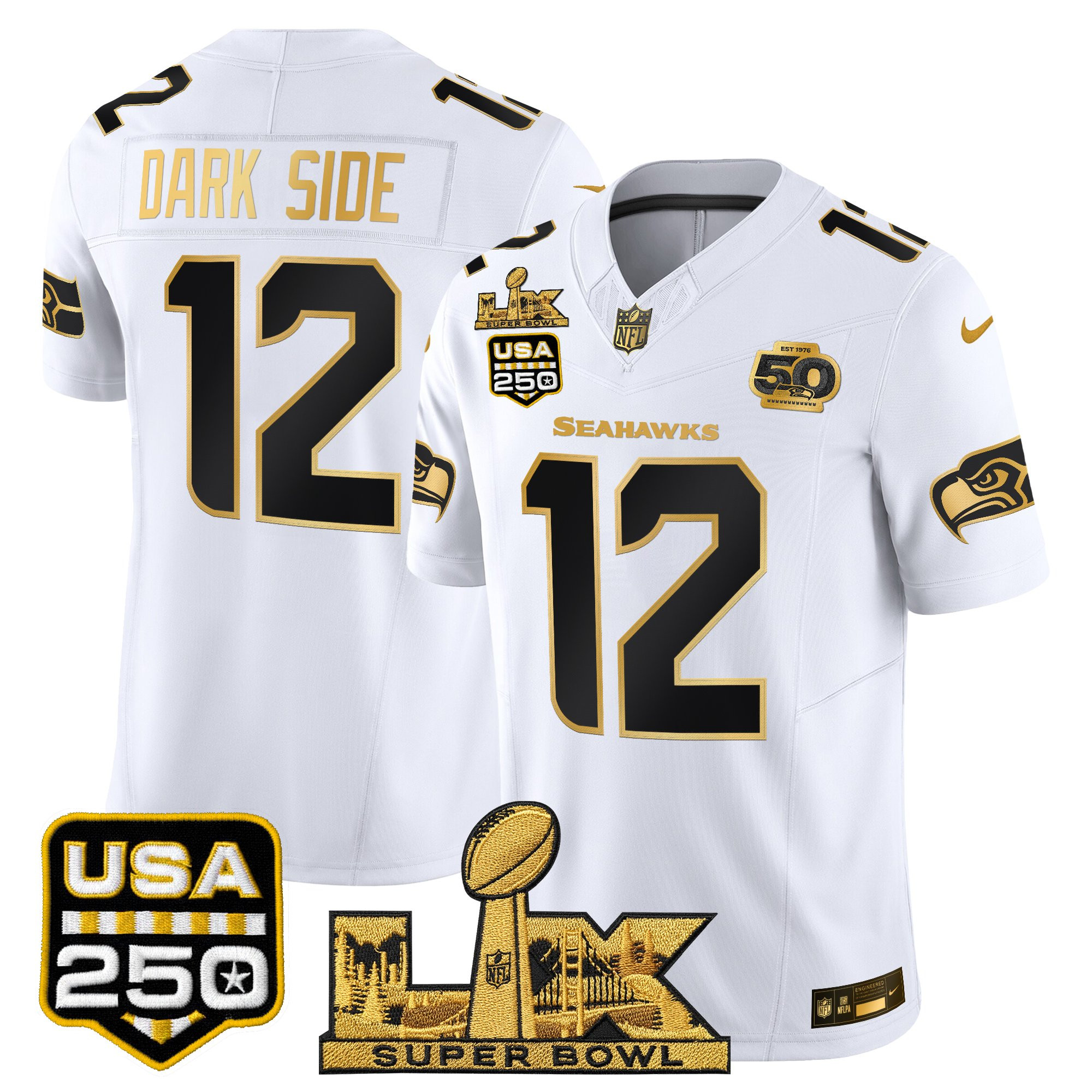 Men's Seattle Seahawks "Super Bowl LX & United States 250th Anniversary Patch" Gold Vapor Limited Jersey - All Stitched - Image 11