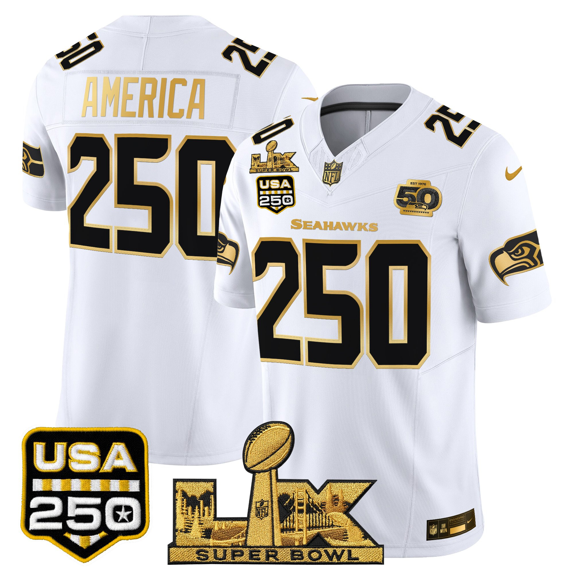 Men's Seattle Seahawks "Super Bowl LX & United States 250th Anniversary Patch" Gold Vapor Limited Jersey - All Stitched - Image 13