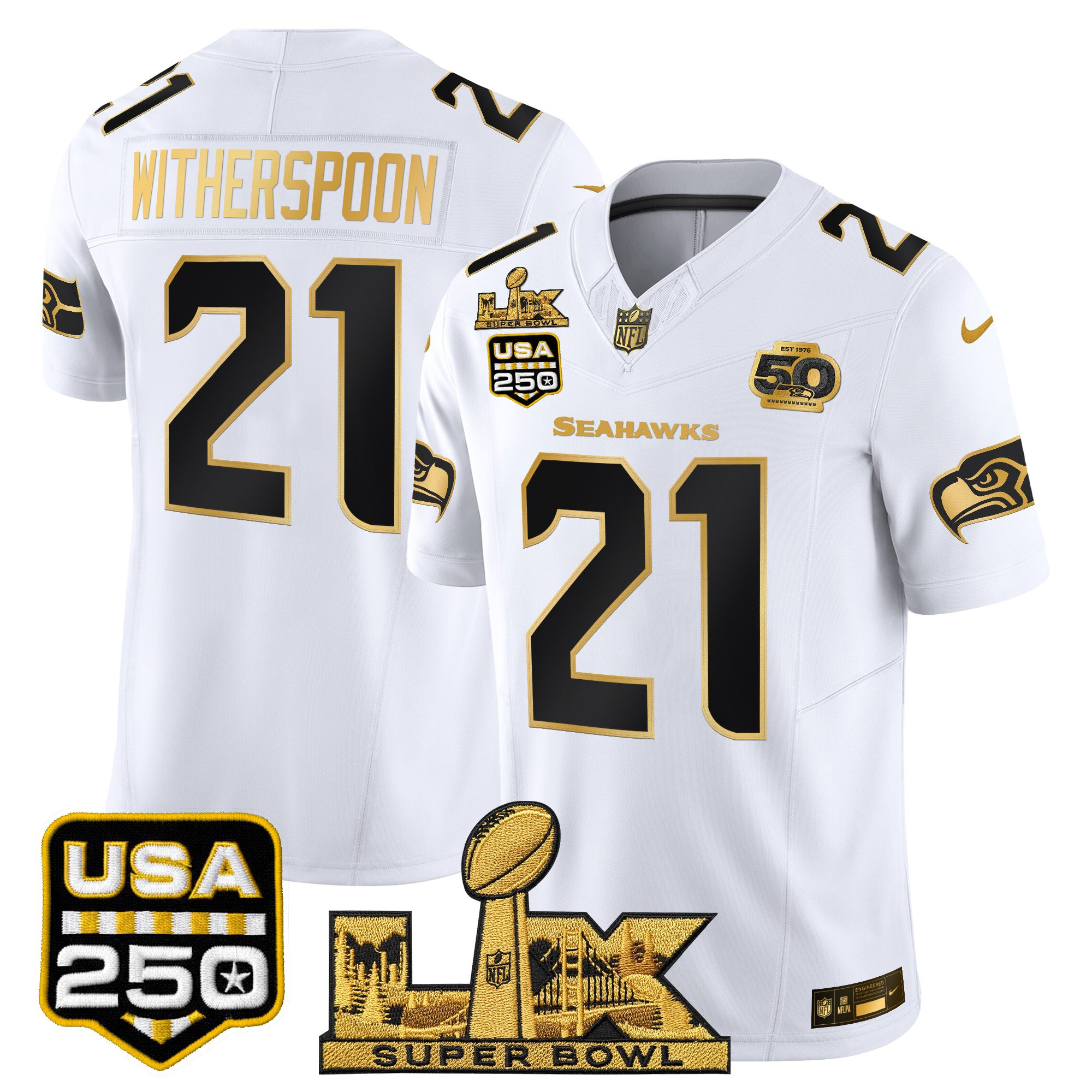 Men's Seattle Seahawks "Super Bowl LX & United States 250th Anniversary Patch" Gold Vapor Limited Jersey - All Stitched - Image 17