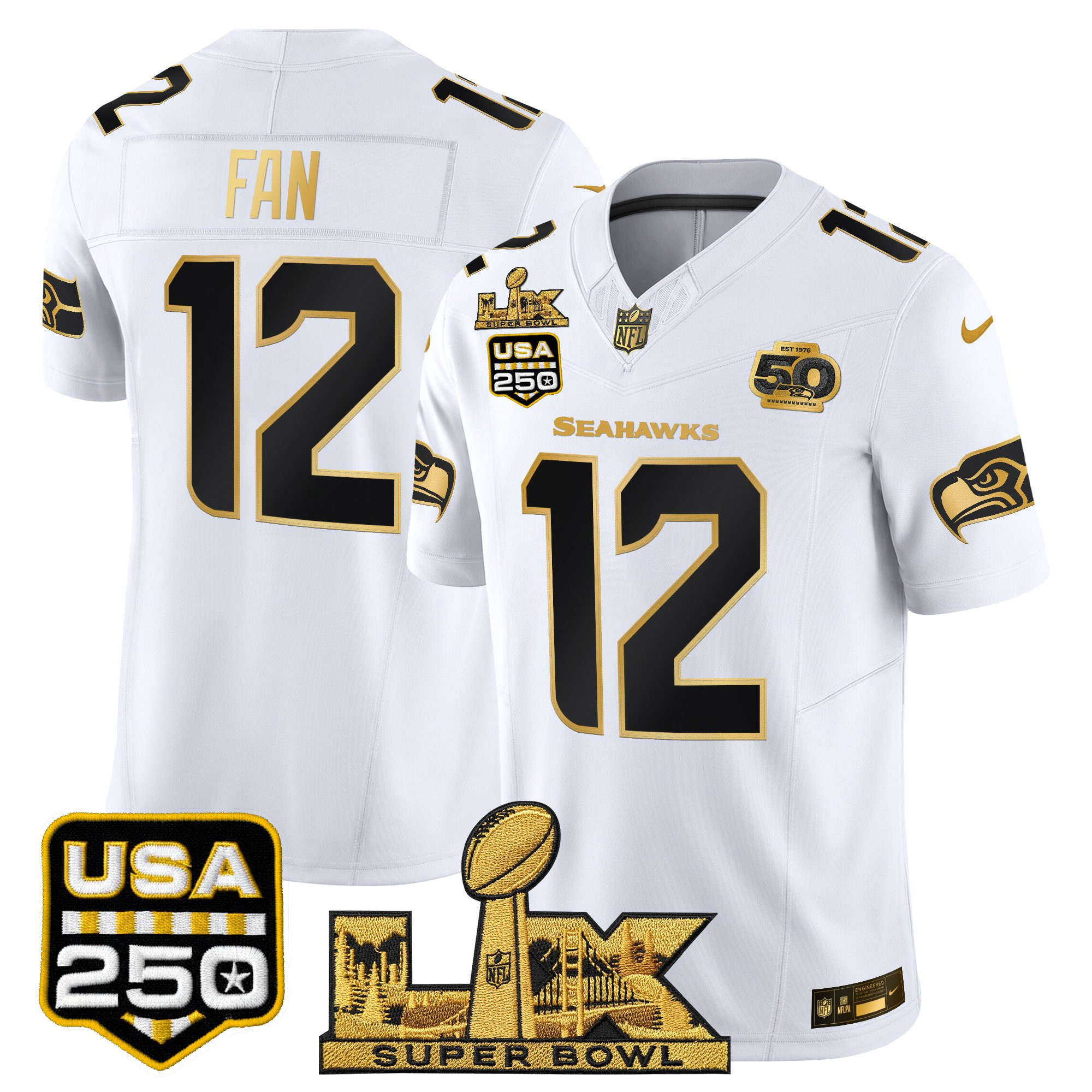 Men's Seattle Seahawks "Super Bowl LX & United States 250th Anniversary Patch" Gold Vapor Limited Jersey - All Stitched - Image 20