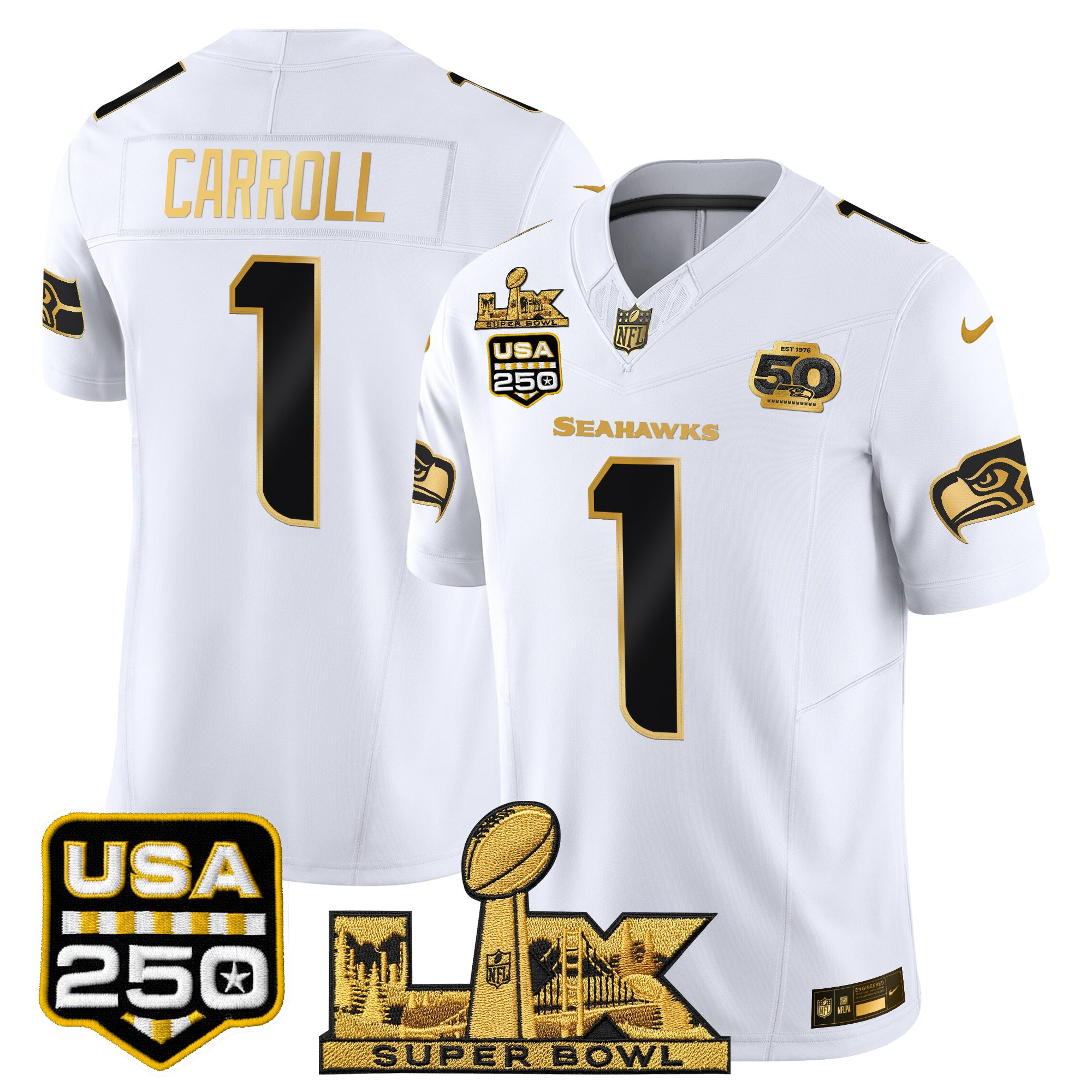 Men's Seattle Seahawks "Super Bowl LX & United States 250th Anniversary Patch" Gold Vapor Limited Jersey - All Stitched - Image 16