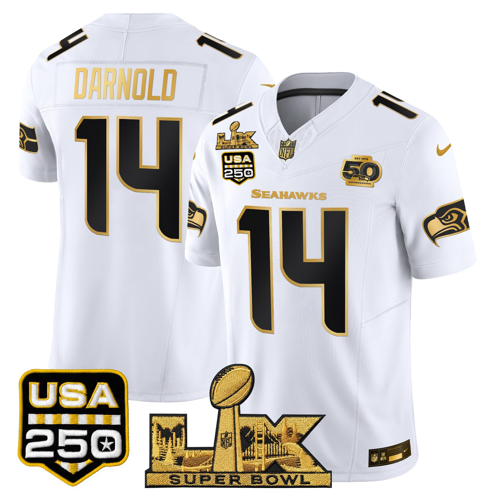 Men's Seattle Seahawks "Super Bowl LX & United States 250th Anniversary Patch" Gold Vapor Limited Jersey - All Stitched - Image 12