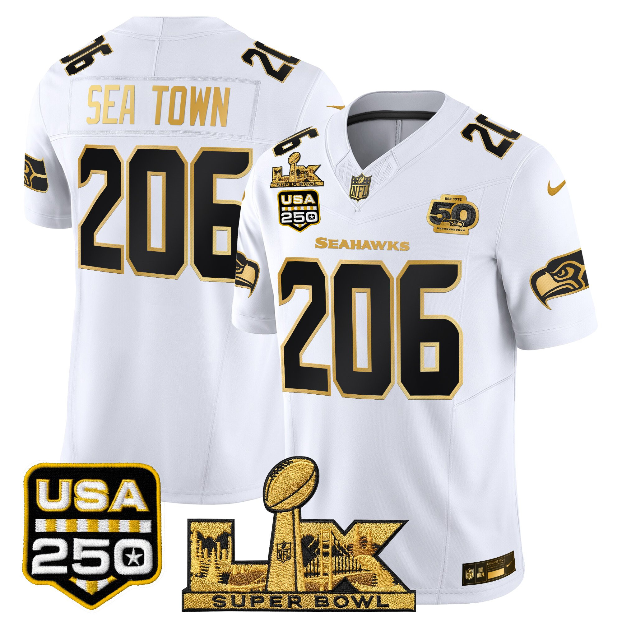 Men's Seattle Seahawks "Super Bowl LX & United States 250th Anniversary Patch" Gold Vapor Limited Jersey - All Stitched - Image 14