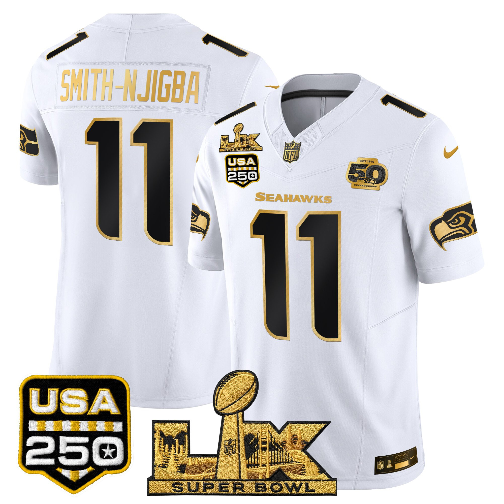 Men's Seattle Seahawks "Super Bowl LX & United States 250th Anniversary Patch" Gold Vapor Limited Jersey - All Stitched - Image 15
