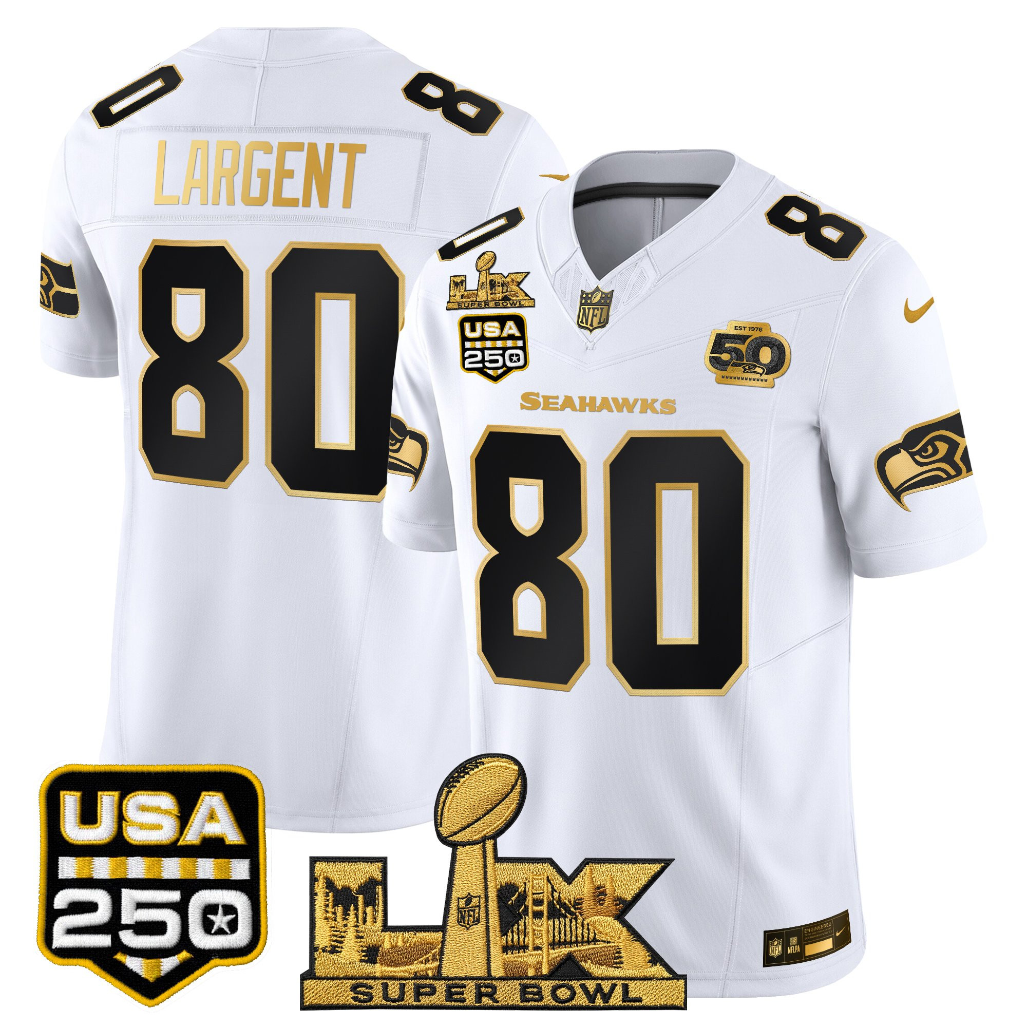 Men's Seattle Seahawks "Super Bowl LX & United States 250th Anniversary Patch" Gold Vapor Limited Jersey - All Stitched - Image 19