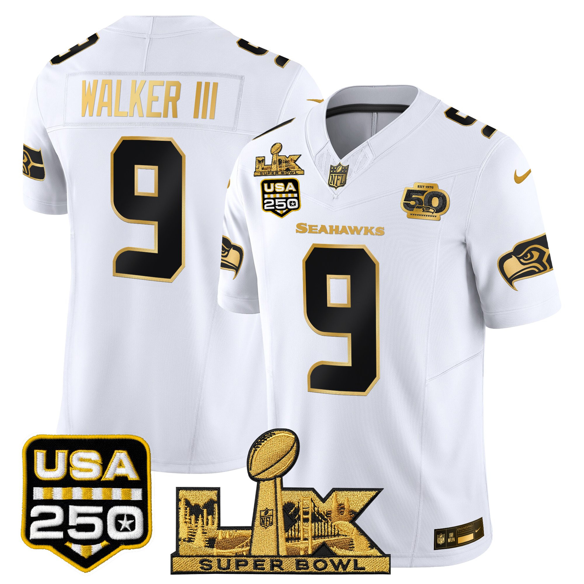 Men's Seattle Seahawks "Super Bowl LX & United States 250th Anniversary Patch" Gold Vapor Limited Jersey - All Stitched - Image 18