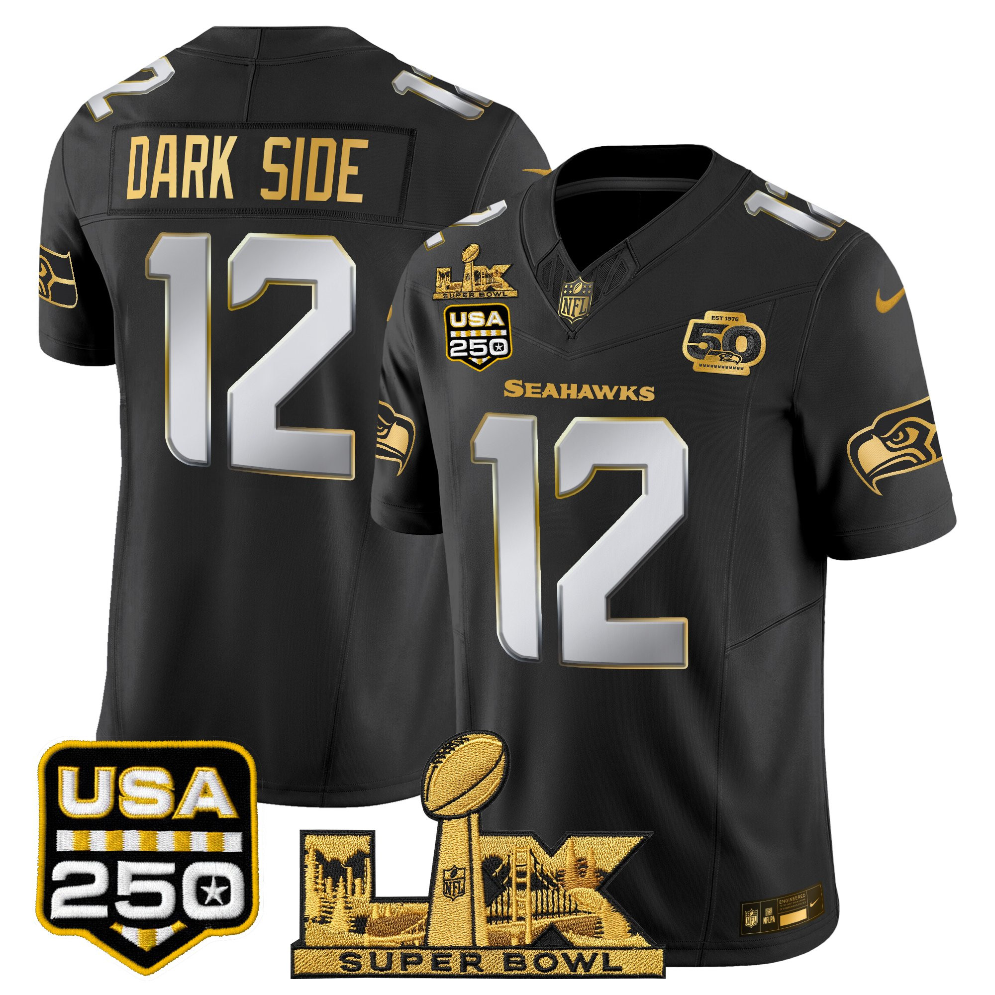 Men's Seattle Seahawks "Super Bowl LX & United States 250th Anniversary Patch" Gold Vapor Limited Jersey - All Stitched - Image 21