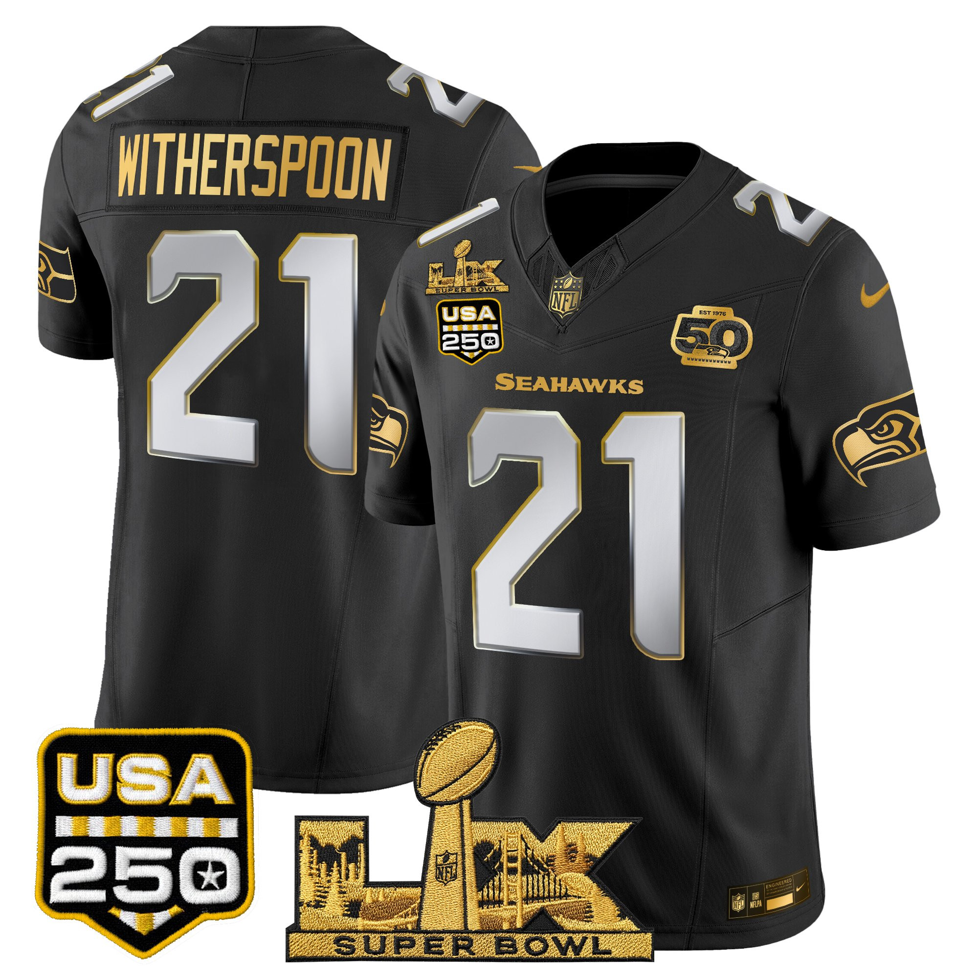 Men's Seattle Seahawks "Super Bowl LX & United States 250th Anniversary Patch" Gold Vapor Limited Jersey - All Stitched - Image 27