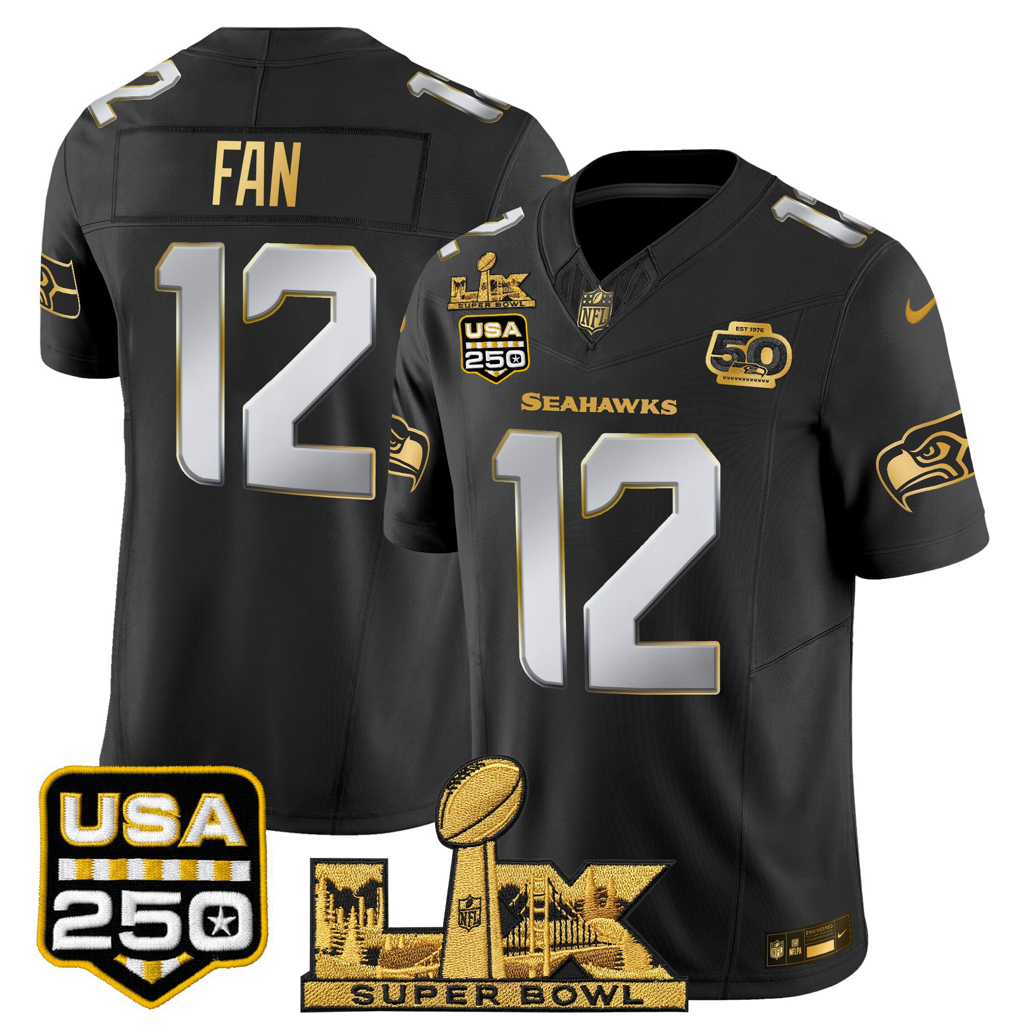 Men's Seattle Seahawks "Super Bowl LX & United States 250th Anniversary Patch" Gold Vapor Limited Jersey - All Stitched - Image 30