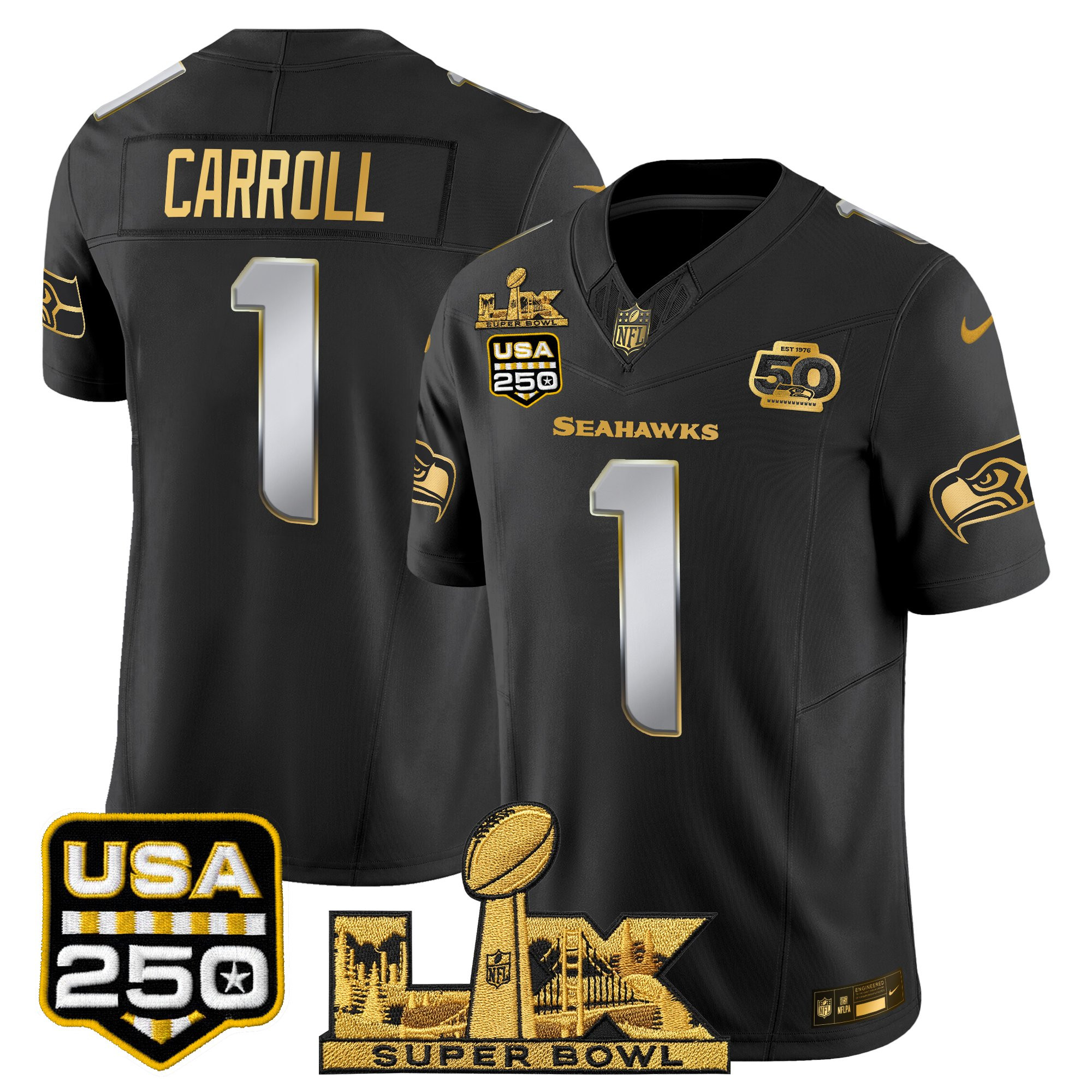 Men's Seattle Seahawks "Super Bowl LX & United States 250th Anniversary Patch" Gold Vapor Limited Jersey - All Stitched - Image 26