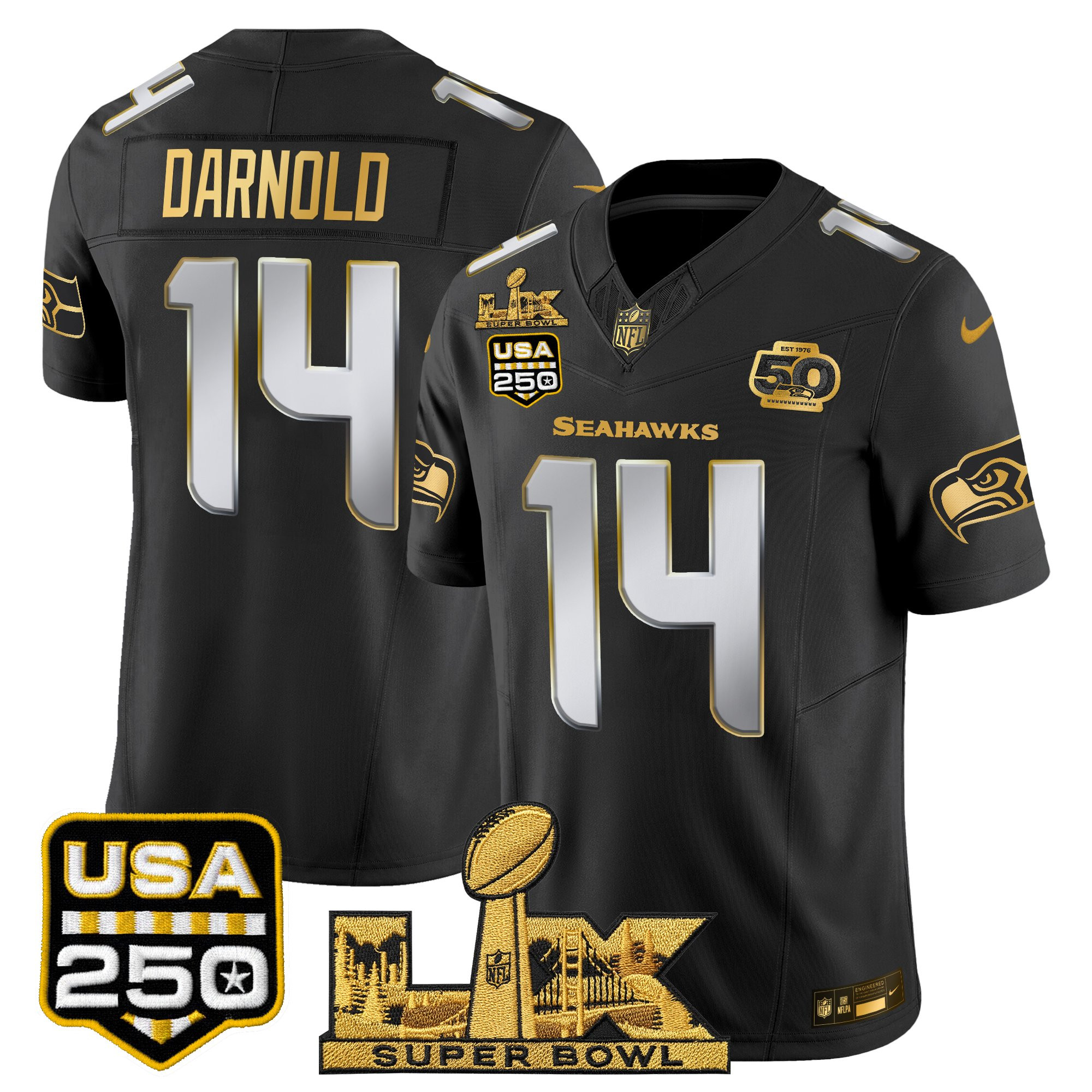Men's Seattle Seahawks "Super Bowl LX & United States 250th Anniversary Patch" Gold Vapor Limited Jersey - All Stitched - Image 22