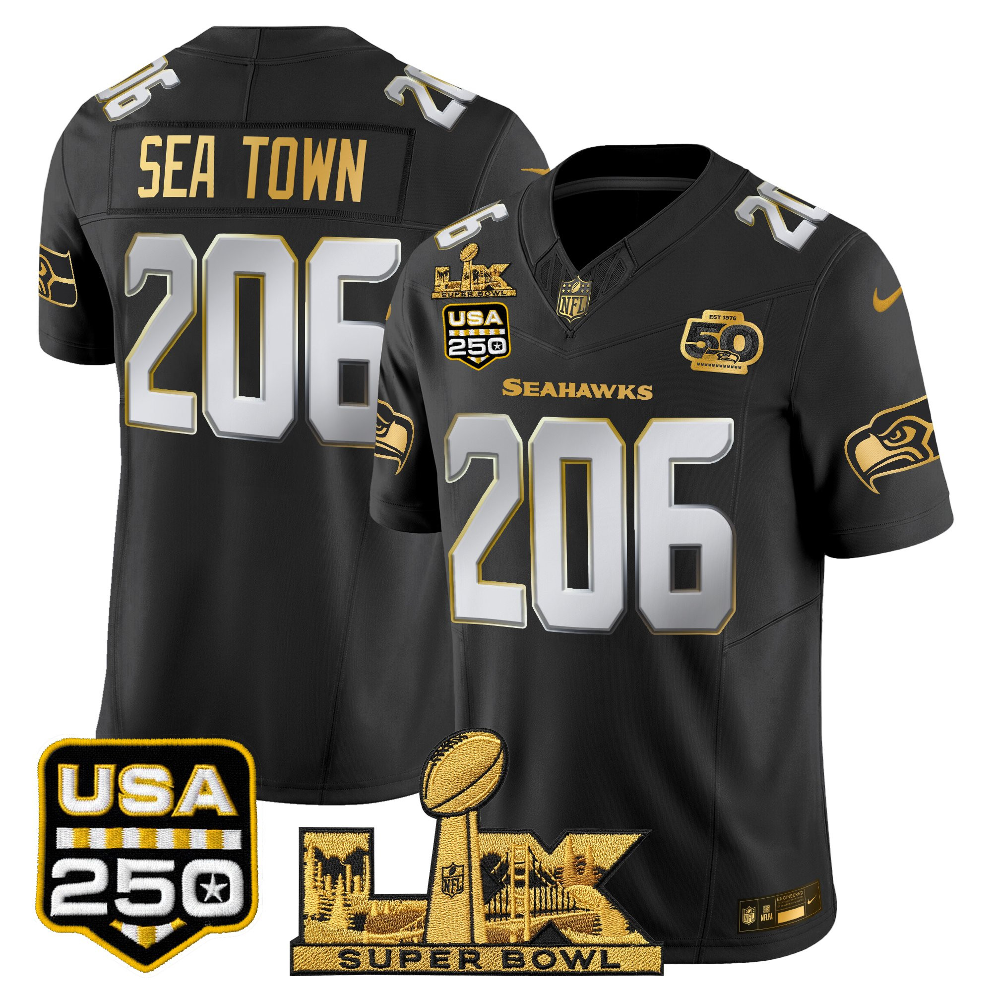 Men's Seattle Seahawks "Super Bowl LX & United States 250th Anniversary Patch" Gold Vapor Limited Jersey - All Stitched - Image 24