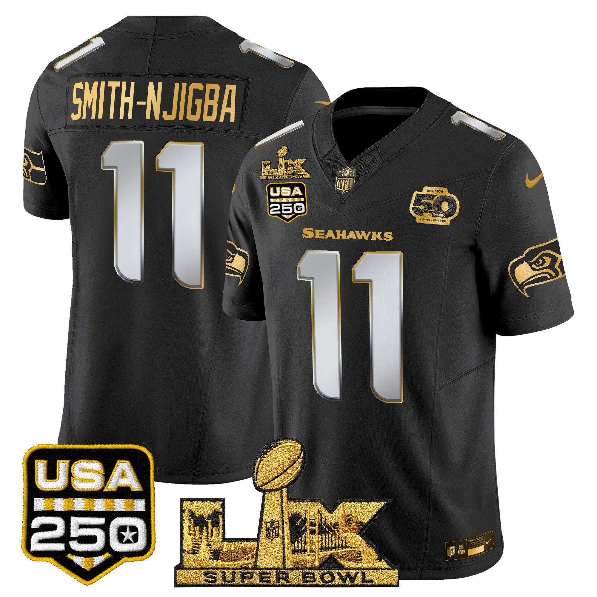 Men's Seattle Seahawks "Super Bowl LX & United States 250th Anniversary Patch" Gold Vapor Limited Jersey - All Stitched - Image 25