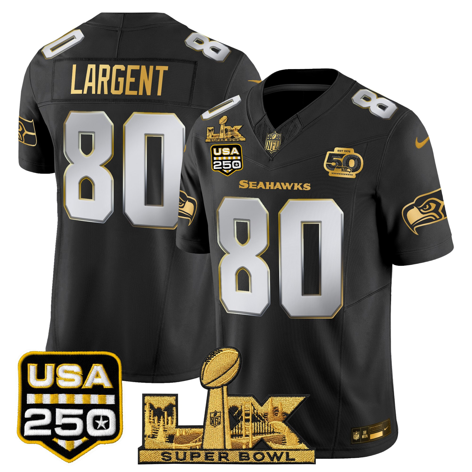 Men's Seattle Seahawks "Super Bowl LX & United States 250th Anniversary Patch" Gold Vapor Limited Jersey - All Stitched - Image 29