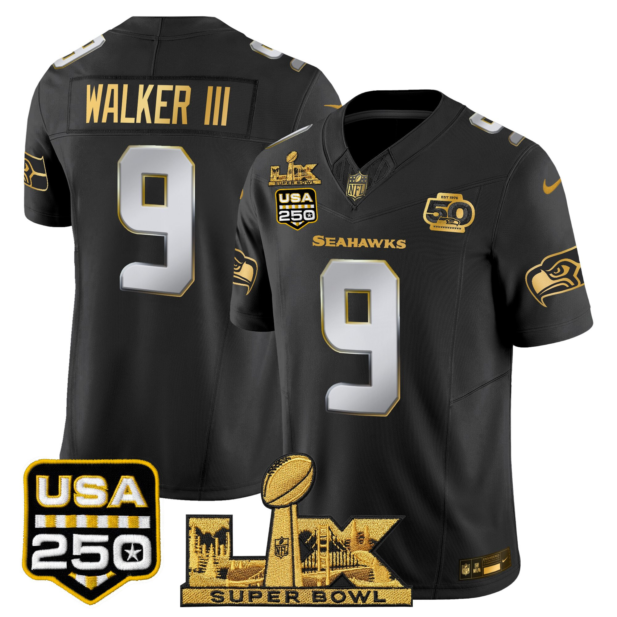 Men's Seattle Seahawks "Super Bowl LX & United States 250th Anniversary Patch" Gold Vapor Limited Jersey - All Stitched - Image 28