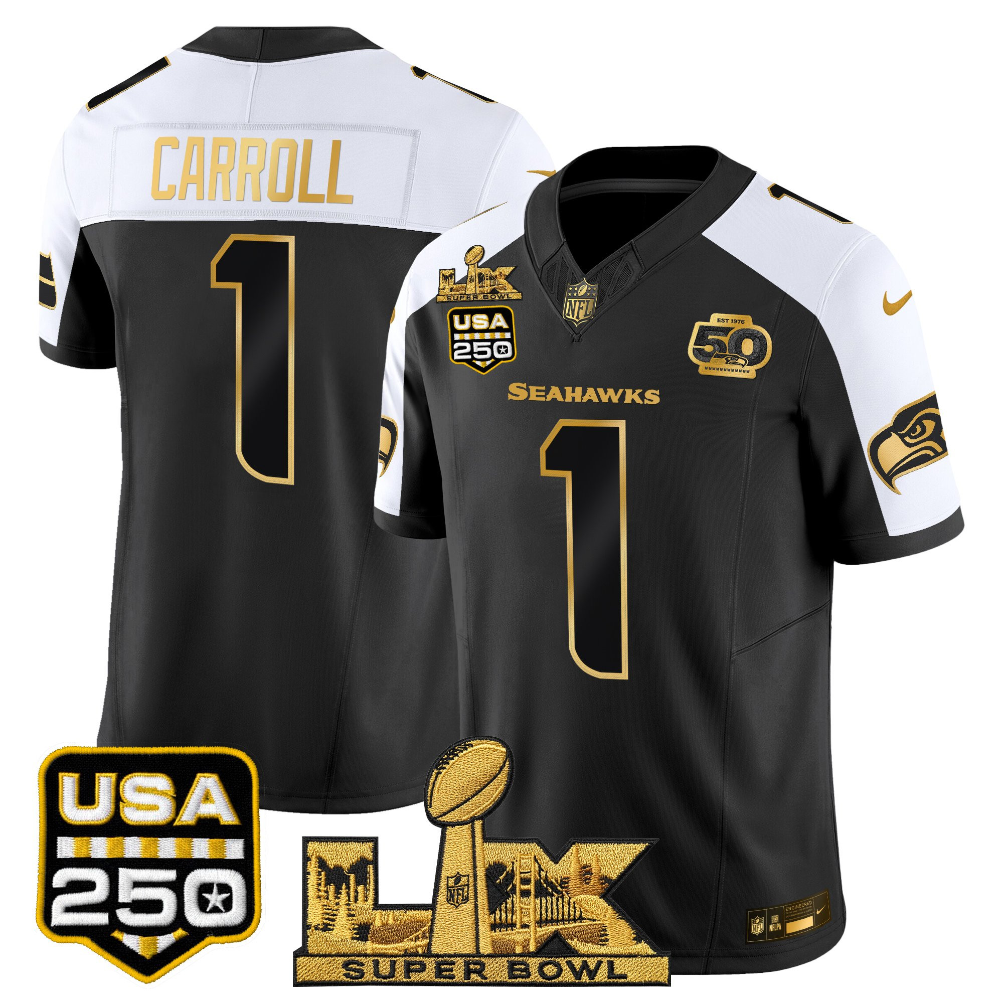 Men's Seattle Seahawks "Super Bowl LX & United States 250th Anniversary Patch" Gold Vapor Limited Jersey - All Stitched - Image 36