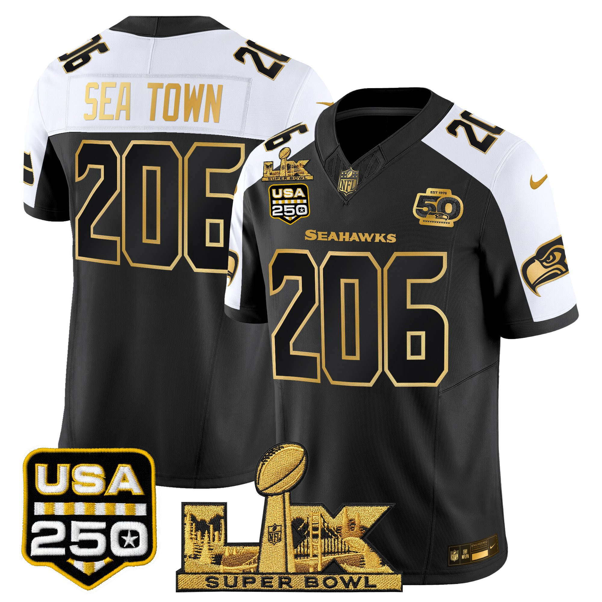 Men's Seattle Seahawks "Super Bowl LX & United States 250th Anniversary Patch" Gold Vapor Limited Jersey - All Stitched - Image 34