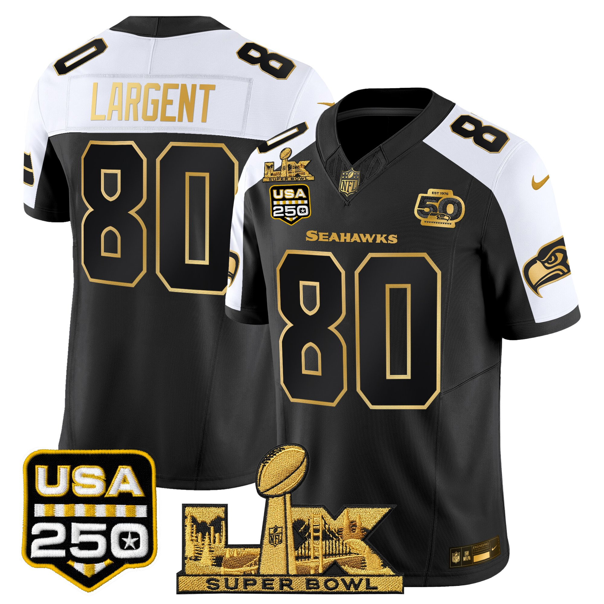 Men's Seattle Seahawks "Super Bowl LX & United States 250th Anniversary Patch" Gold Vapor Limited Jersey - All Stitched - Image 39