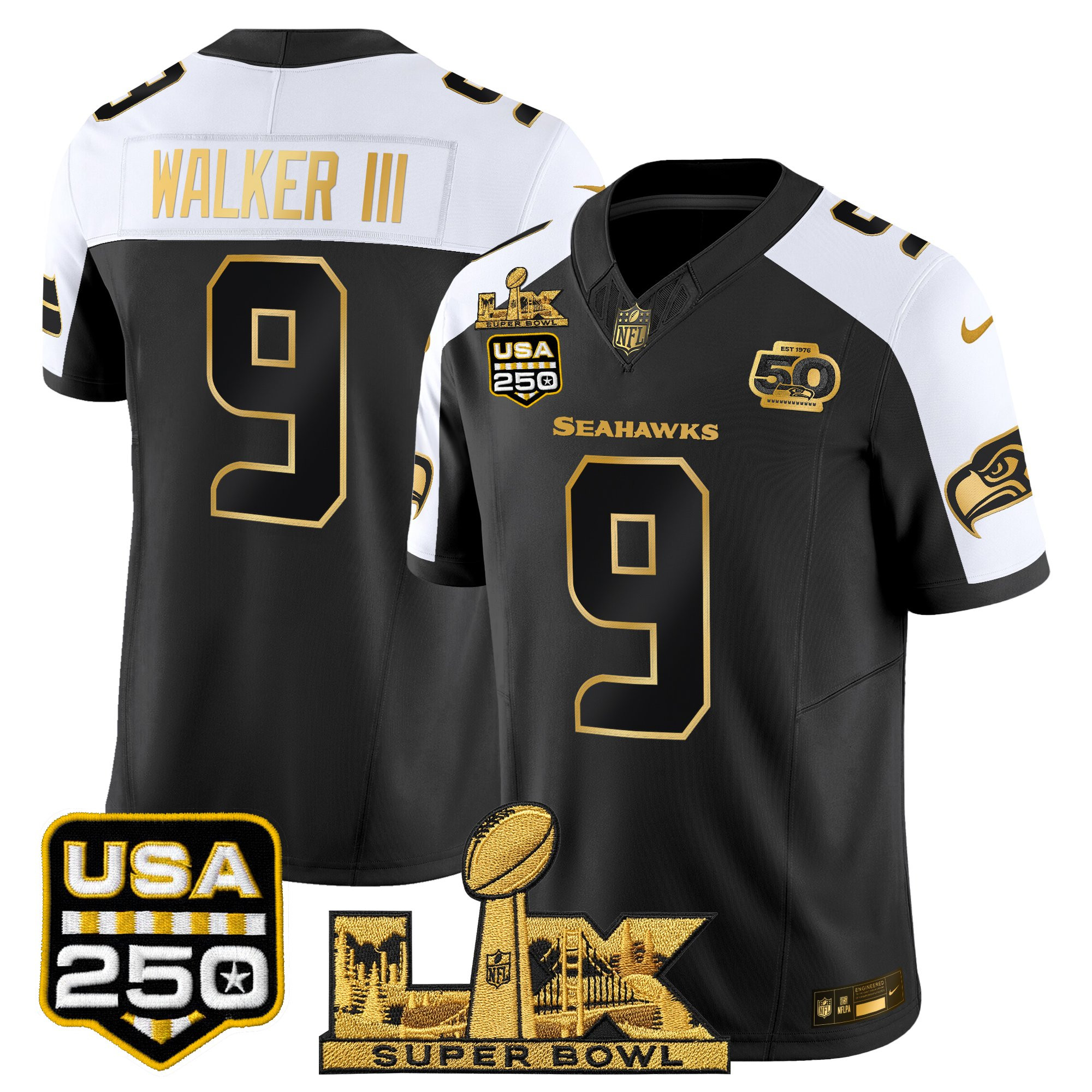 Men's Seattle Seahawks "Super Bowl LX & United States 250th Anniversary Patch" Gold Vapor Limited Jersey - All Stitched - Image 38