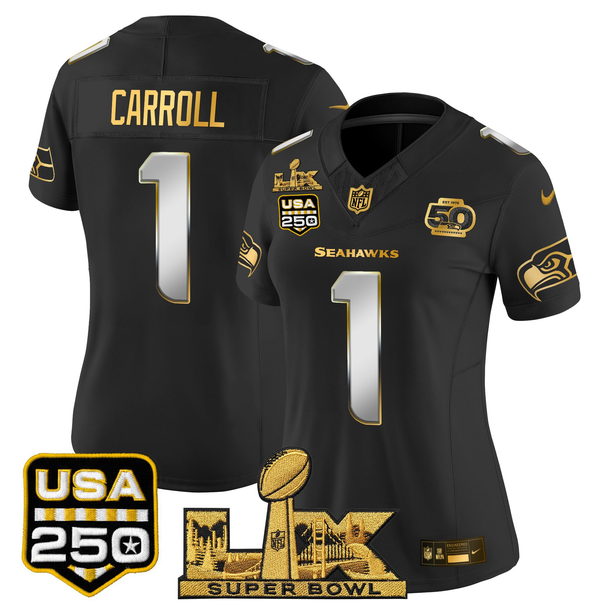 Women's Seattle Seahawks "Super Bowl LX & United States 250th Anniversary Patch" Gold Vapor Limited Jersey - All Stitched - Image 26