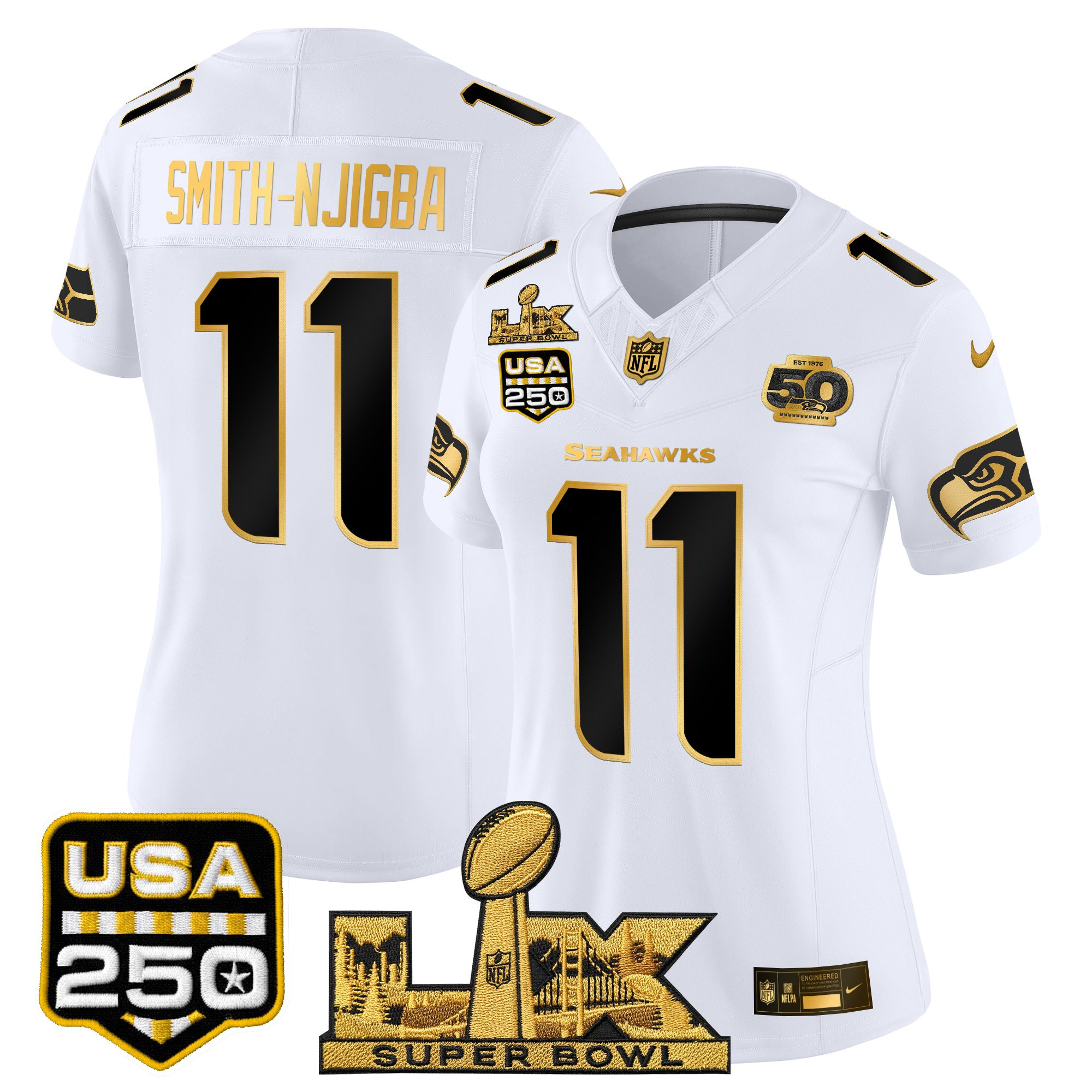 Women's Seattle Seahawks "Super Bowl LX & United States 250th Anniversary Patch" Gold Vapor Limited Jersey - All Stitched - Image 15