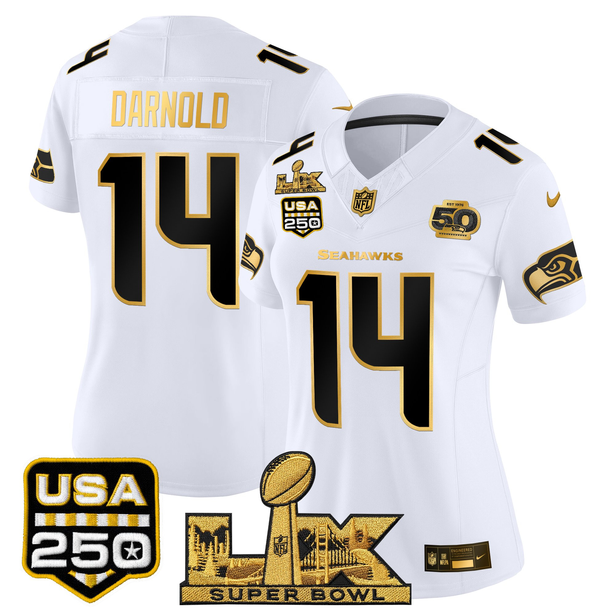 Women's Seattle Seahawks "Super Bowl LX & United States 250th Anniversary Patch" Gold Vapor Limited Jersey - All Stitched - Image 12
