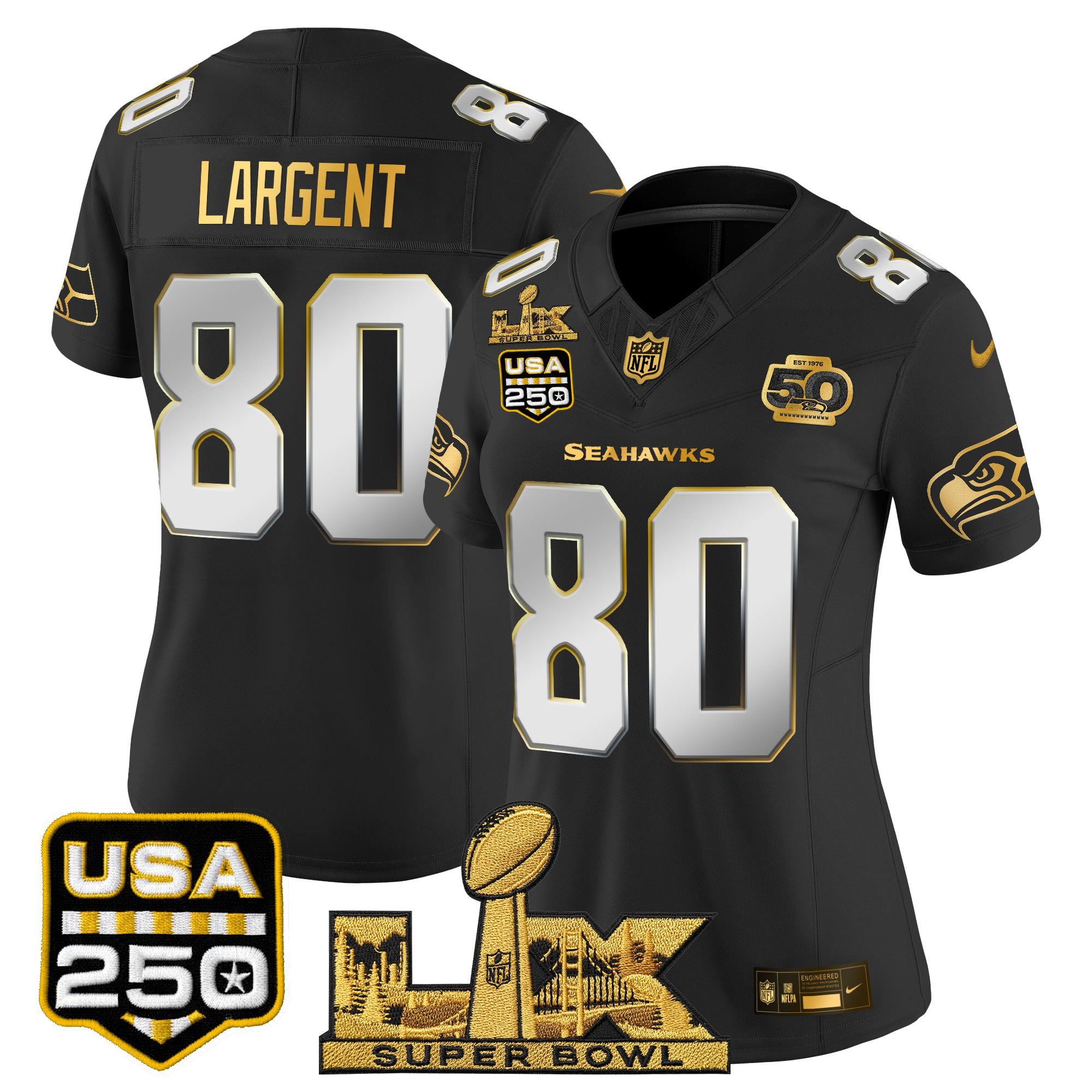 Women's Seattle Seahawks "Super Bowl LX & United States 250th Anniversary Patch" Gold Vapor Limited Jersey - All Stitched - Image 29