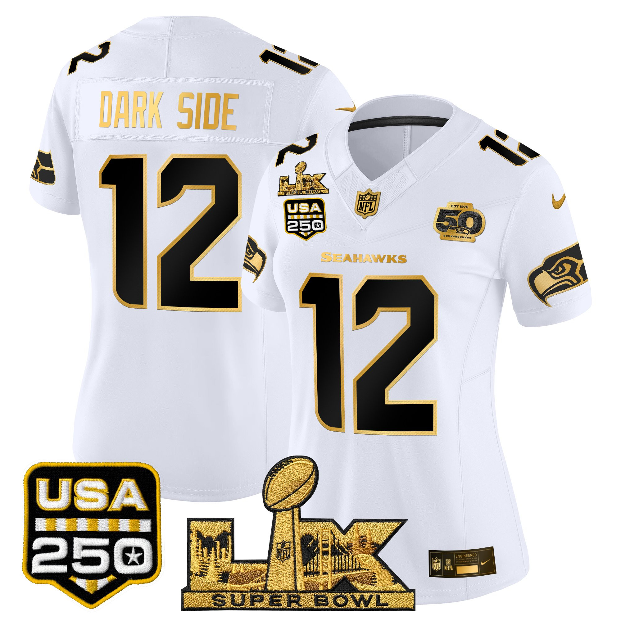 Women's Seattle Seahawks "Super Bowl LX & United States 250th Anniversary Patch" Gold Vapor Limited Jersey - All Stitched - Image 11