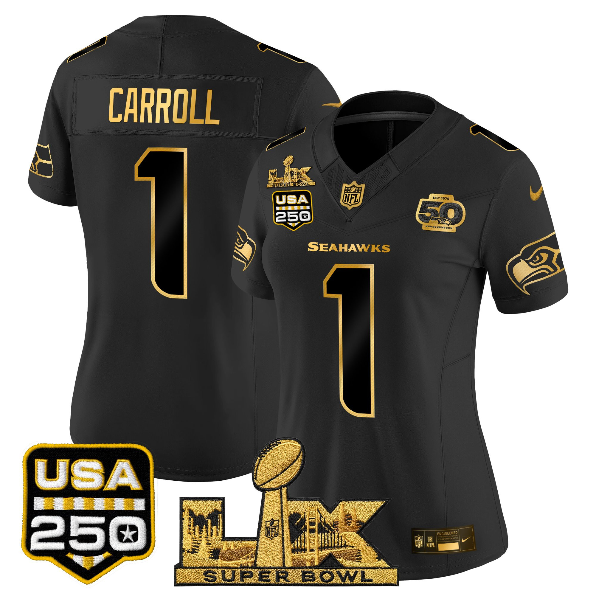 Women's Seattle Seahawks "Super Bowl LX & United States 250th Anniversary Patch" Gold Vapor Limited Jersey - All Stitched - Image 6