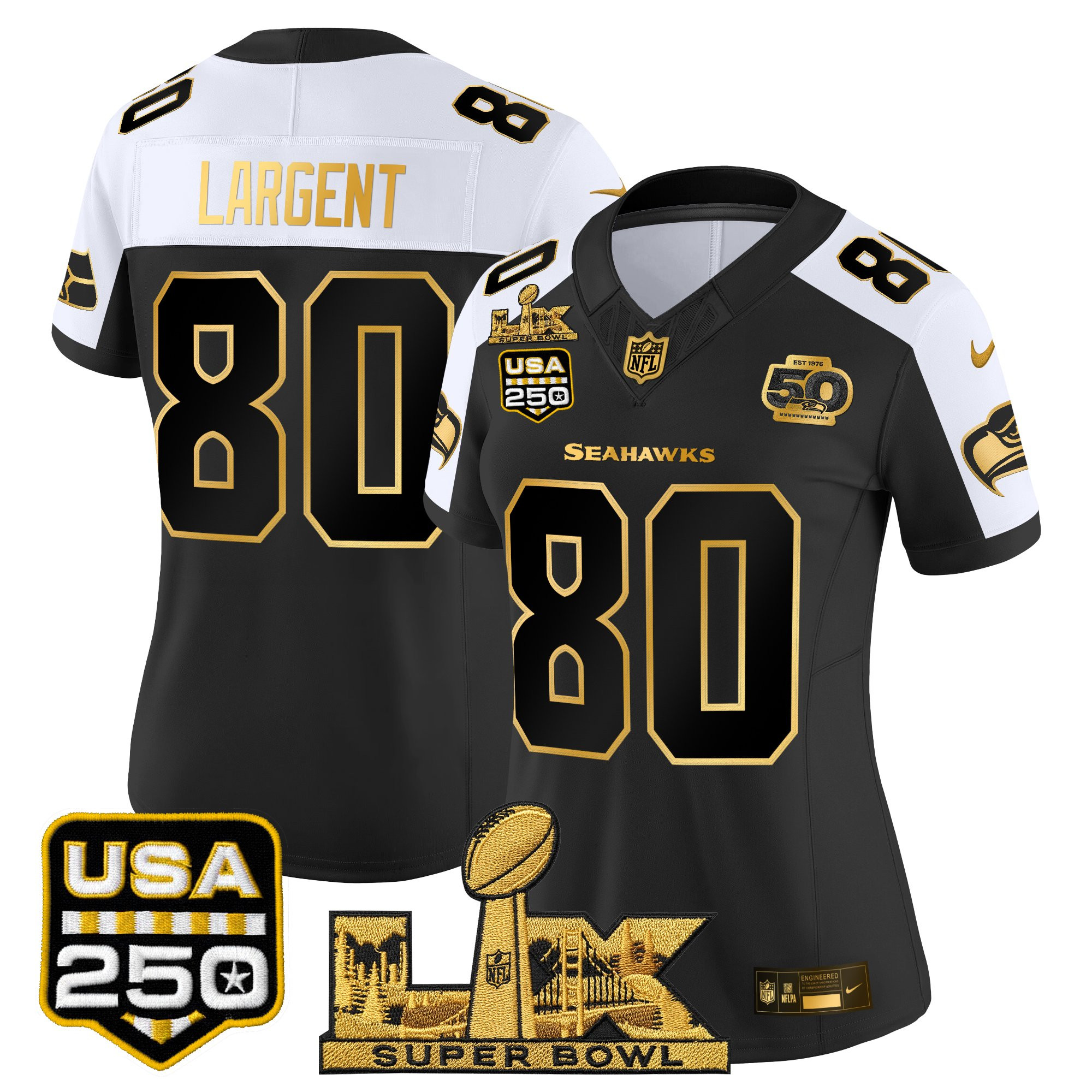 Women's Seattle Seahawks "Super Bowl LX & United States 250th Anniversary Patch" Gold Vapor Limited Jersey - All Stitched - Image 39