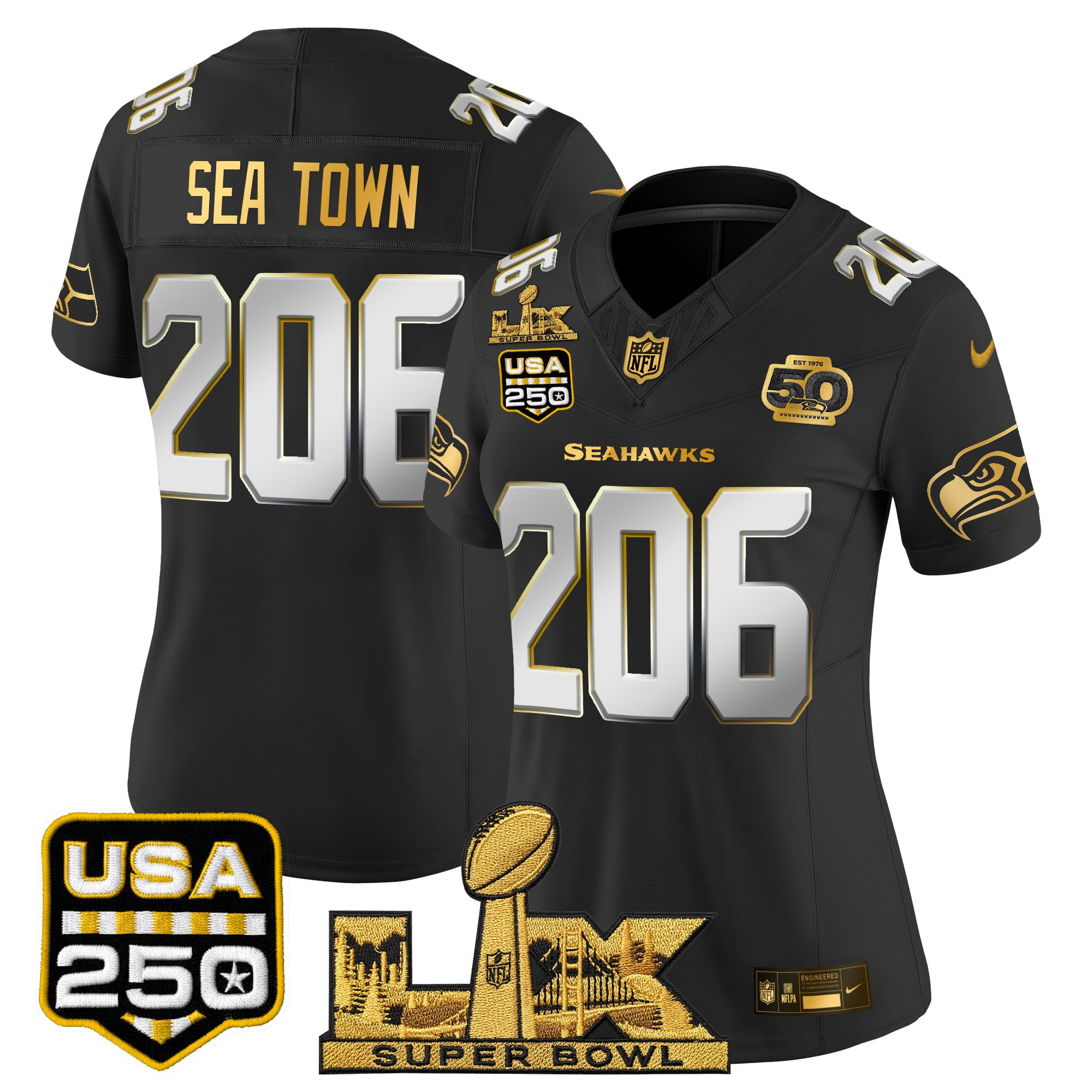 Women's Seattle Seahawks "Super Bowl LX & United States 250th Anniversary Patch" Gold Vapor Limited Jersey - All Stitched - Image 24