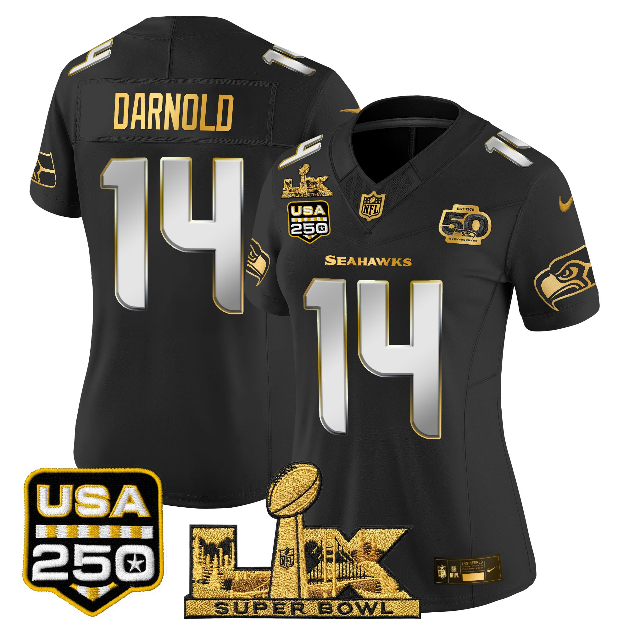 Women's Seattle Seahawks "Super Bowl LX & United States 250th Anniversary Patch" Gold Vapor Limited Jersey - All Stitched - Image 22