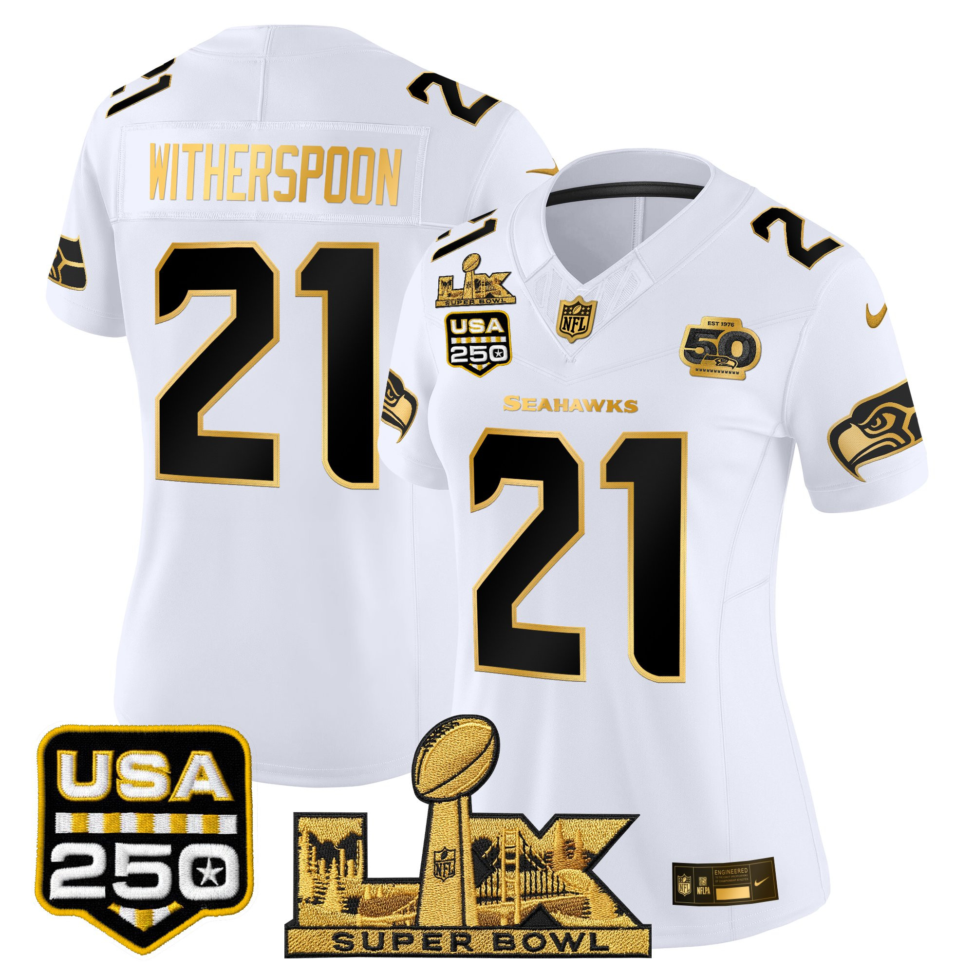 Women's Seattle Seahawks "Super Bowl LX & United States 250th Anniversary Patch" Gold Vapor Limited Jersey - All Stitched - Image 17