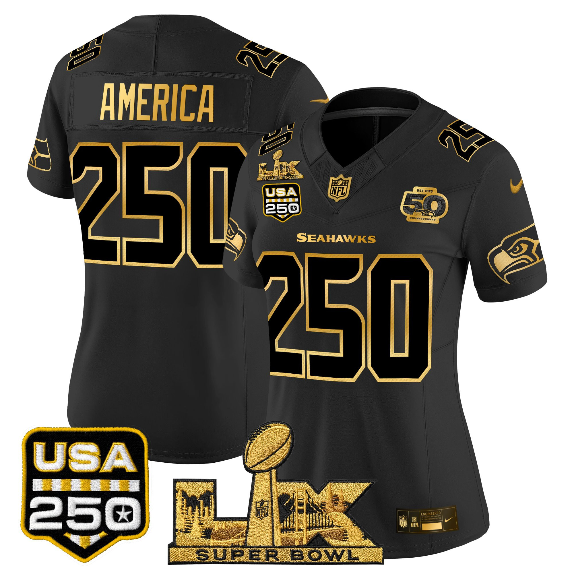 Women's Seattle Seahawks "Super Bowl LX & United States 250th Anniversary Patch" Gold Vapor Limited Jersey - All Stitched - Image 3