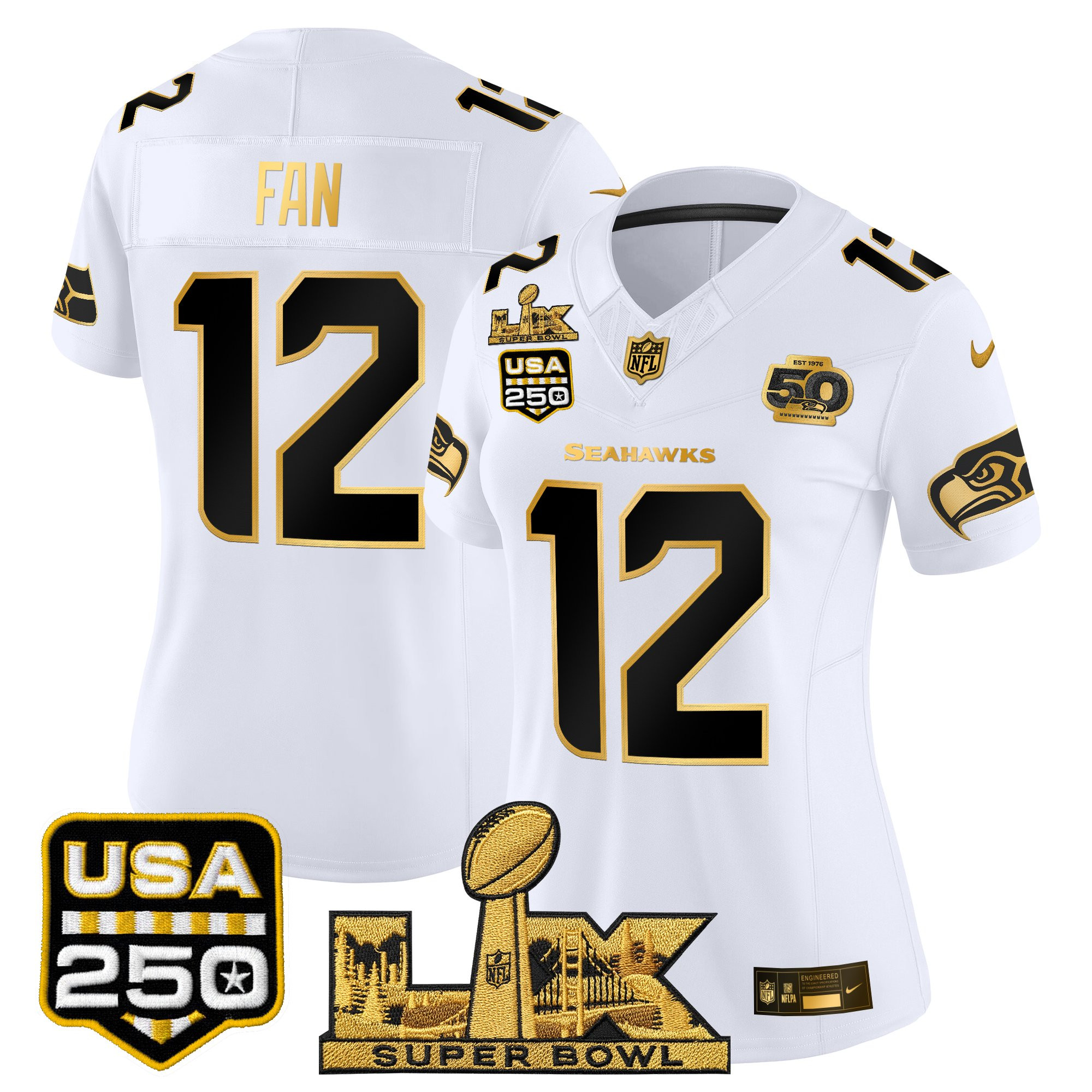 Women's Seattle Seahawks "Super Bowl LX & United States 250th Anniversary Patch" Gold Vapor Limited Jersey - All Stitched - Image 20