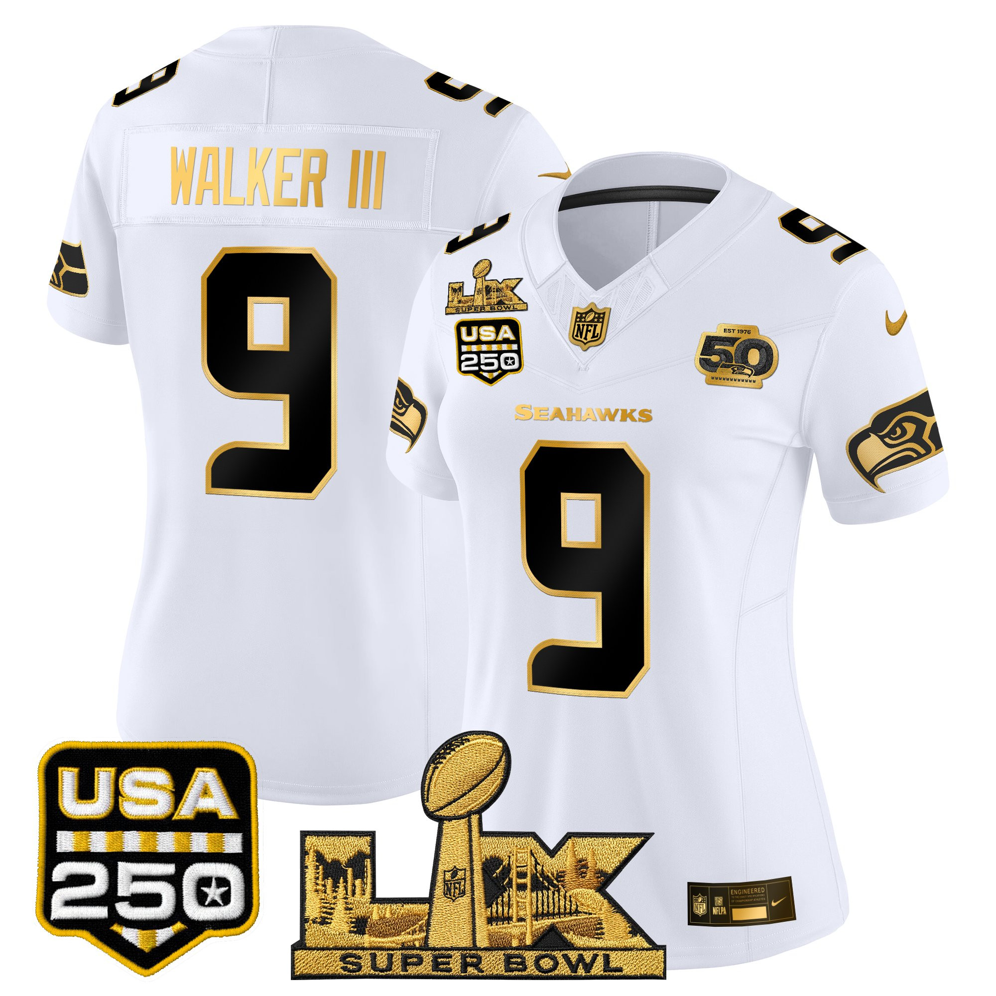 Women's Seattle Seahawks "Super Bowl LX & United States 250th Anniversary Patch" Gold Vapor Limited Jersey - All Stitched - Image 18