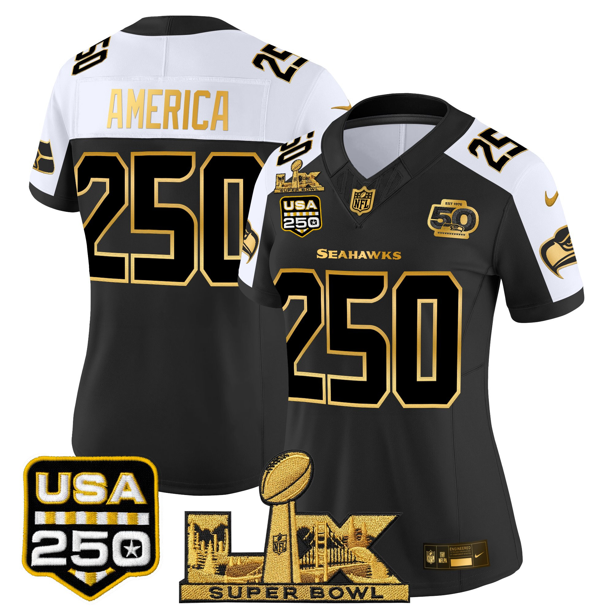 Women's Seattle Seahawks "Super Bowl LX & United States 250th Anniversary Patch" Gold Vapor Limited Jersey - All Stitched - Image 33