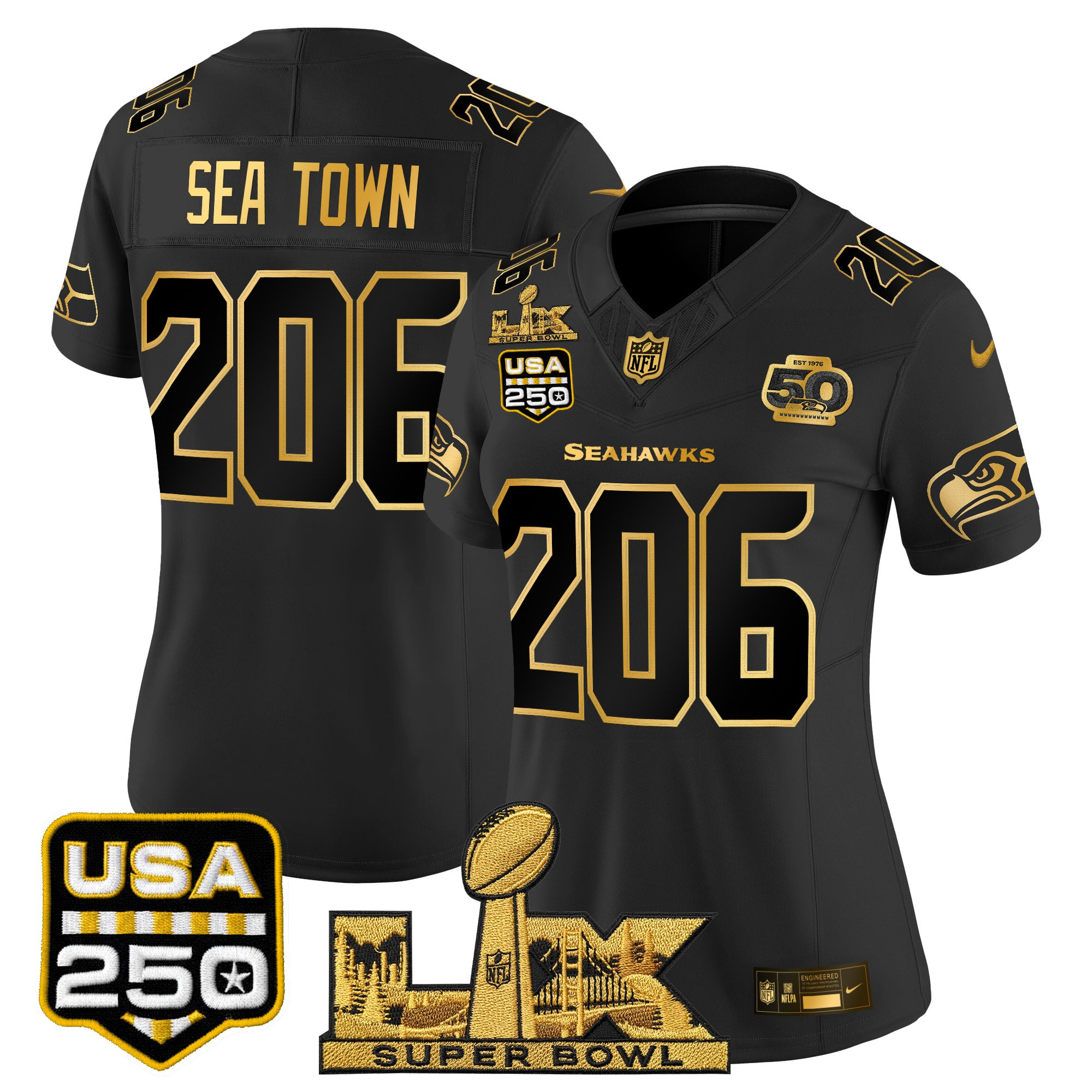 Women's Seattle Seahawks "Super Bowl LX & United States 250th Anniversary Patch" Gold Vapor Limited Jersey - All Stitched - Image 4
