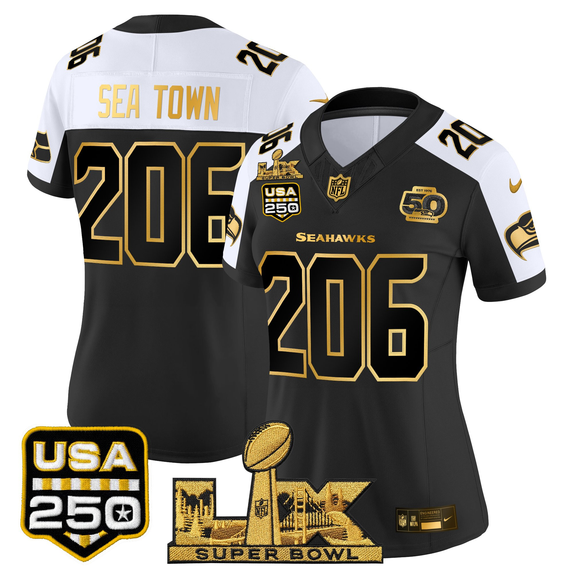 Women's Seattle Seahawks "Super Bowl LX & United States 250th Anniversary Patch" Gold Vapor Limited Jersey - All Stitched - Image 34